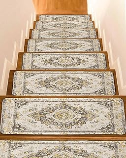 Non Slip Stair Treads for Wooden Steps Vintage Bohemian Pattern Carpet Indoor Stair Runners, Classic Yellow Boho Art Step Tread Rugs Adhesive Staircase Mats for Elders, Pets,8''x30'',15Pack