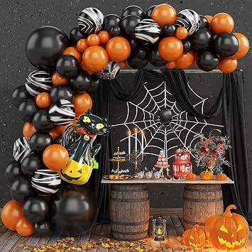 Halloween Balloon Arch Kit, Black Orange Balloon Arch Garland Kit with Foil Cat Pumpkin Balloon and Marble Balloons for Halloween Birthday Anniversary Engagement Graduation Party Decorations