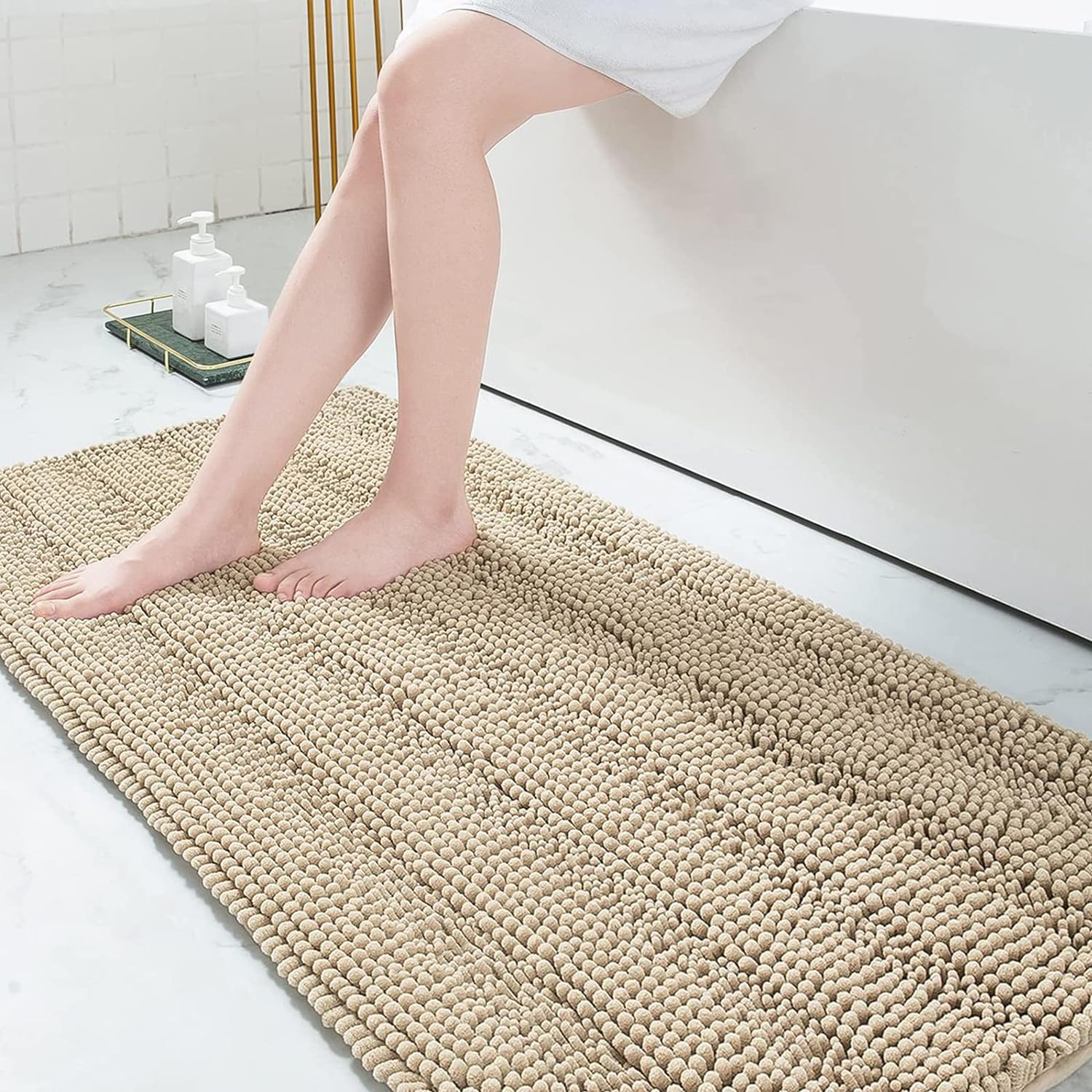 Grandaily Chenille Bathroom Rugs 70x24, Soft Absorbent Bath Mats, Beige