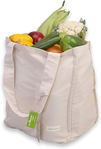 AMOUR INFINI Bolsas de comestibles de algodón orgánico con funda para botella, juego de 1 bolsa de hombro plegable y lavable con asas reforzadas