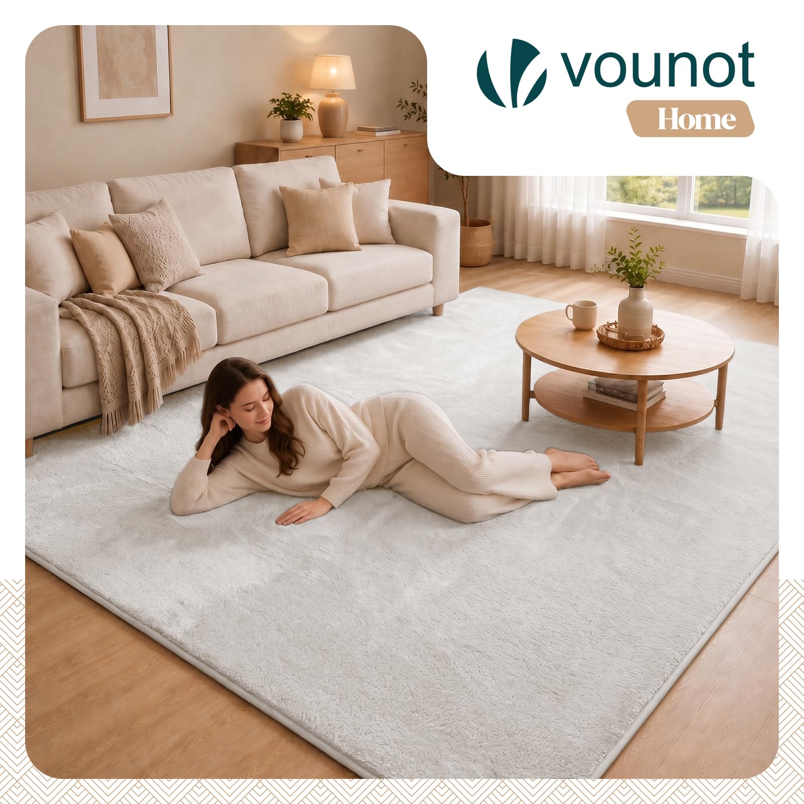 VOUNOT® Alfombra Moderna para Salón 200x300 cm, Pelo Corto Suave y Lavable, con Base y Alfombrilla Antideslizante Doble, para Dormitorio o Habitación, Crema