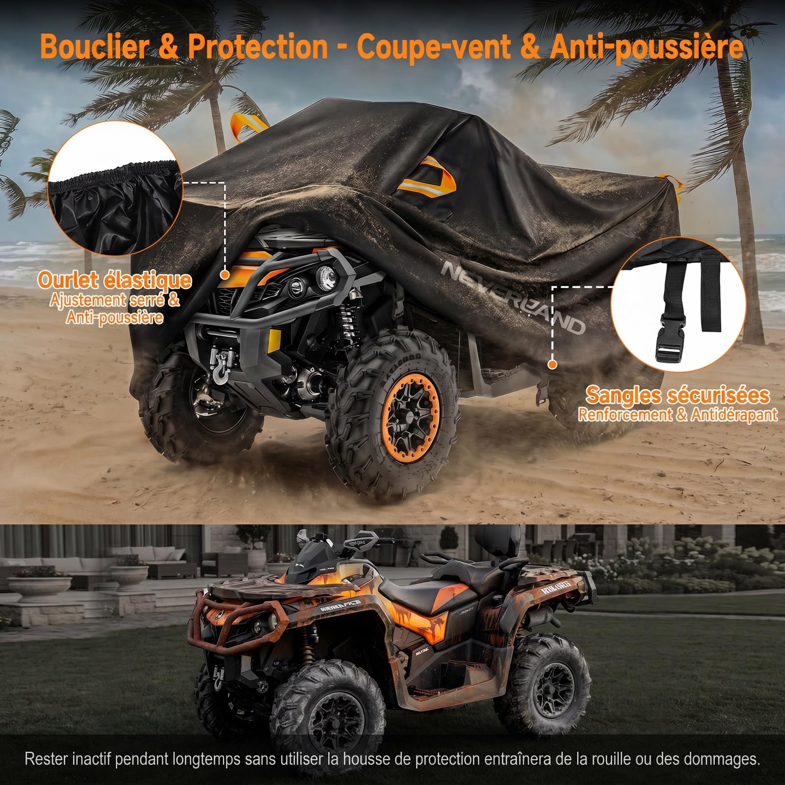 NEVERLAND Housse pour Quad ATV Imperméable XXXL, 256 x 110 x 120 cm | Bâche 210D Oxford avec revêtement PU, résistante à la pluie, neige et poussière, avec poignées réfléchissantes et sangle.