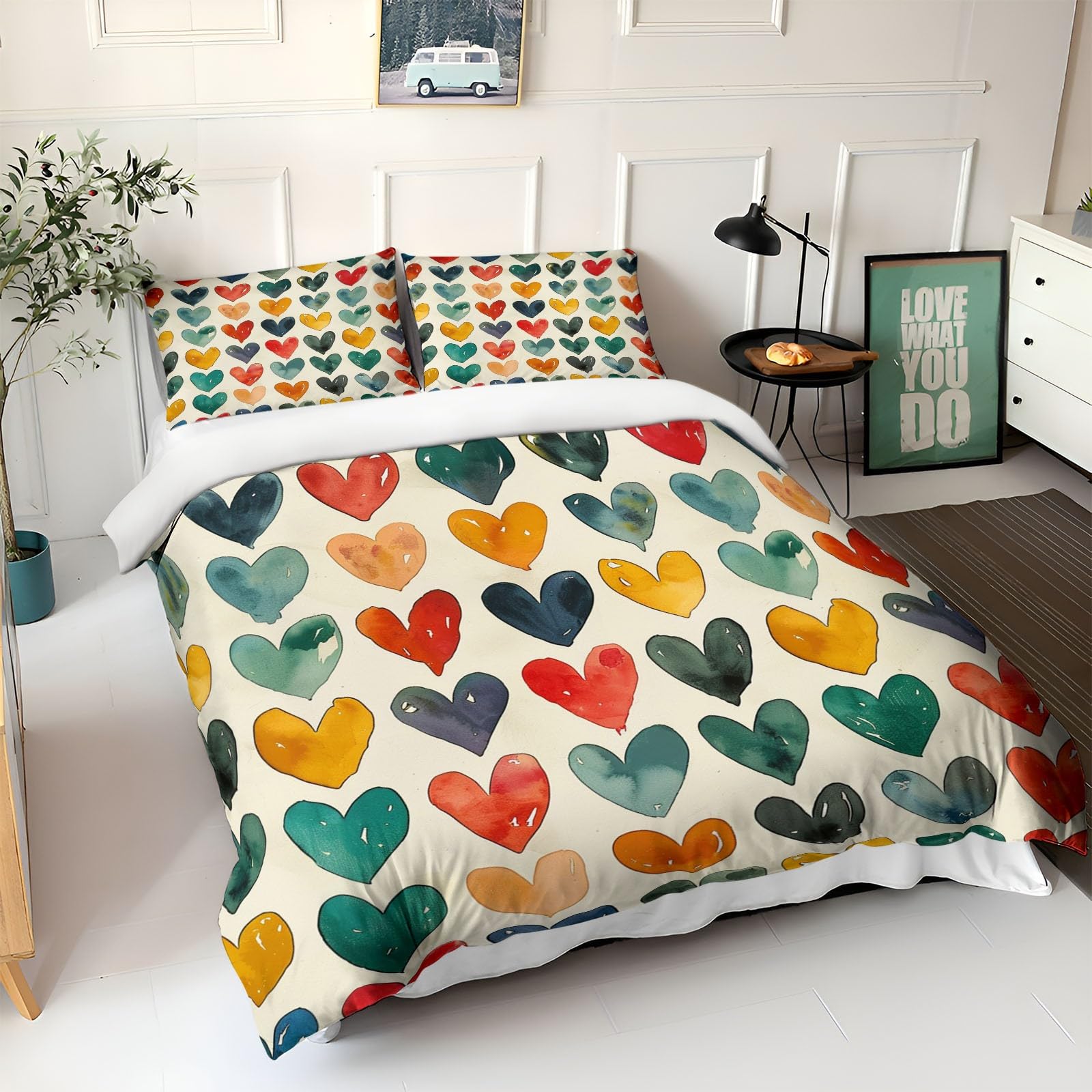 Biancheria da letto colorata, 240 x 220 cm, per bambini, ragazzi e adolescenti, per letto singolo, blocco d'amore, copripiumino stampato, con chiusura lampo e federa da 80 x 80 cm