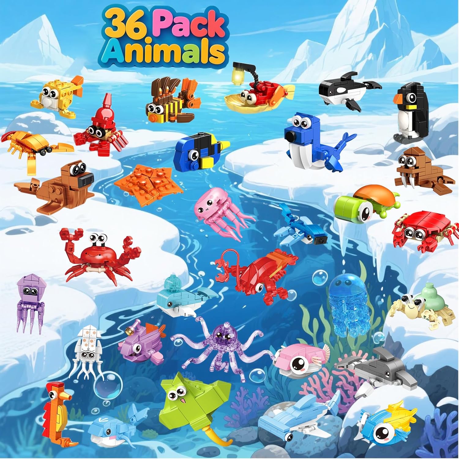 36 Pack Party Favors for Kids，Mini Ocean Animals Building Blocks Set ，Prize box toys for kids Classroom, Easter Birthday Christmas Goodie Bag Fillers, Creative STEM Building Toys for Ages 6-12