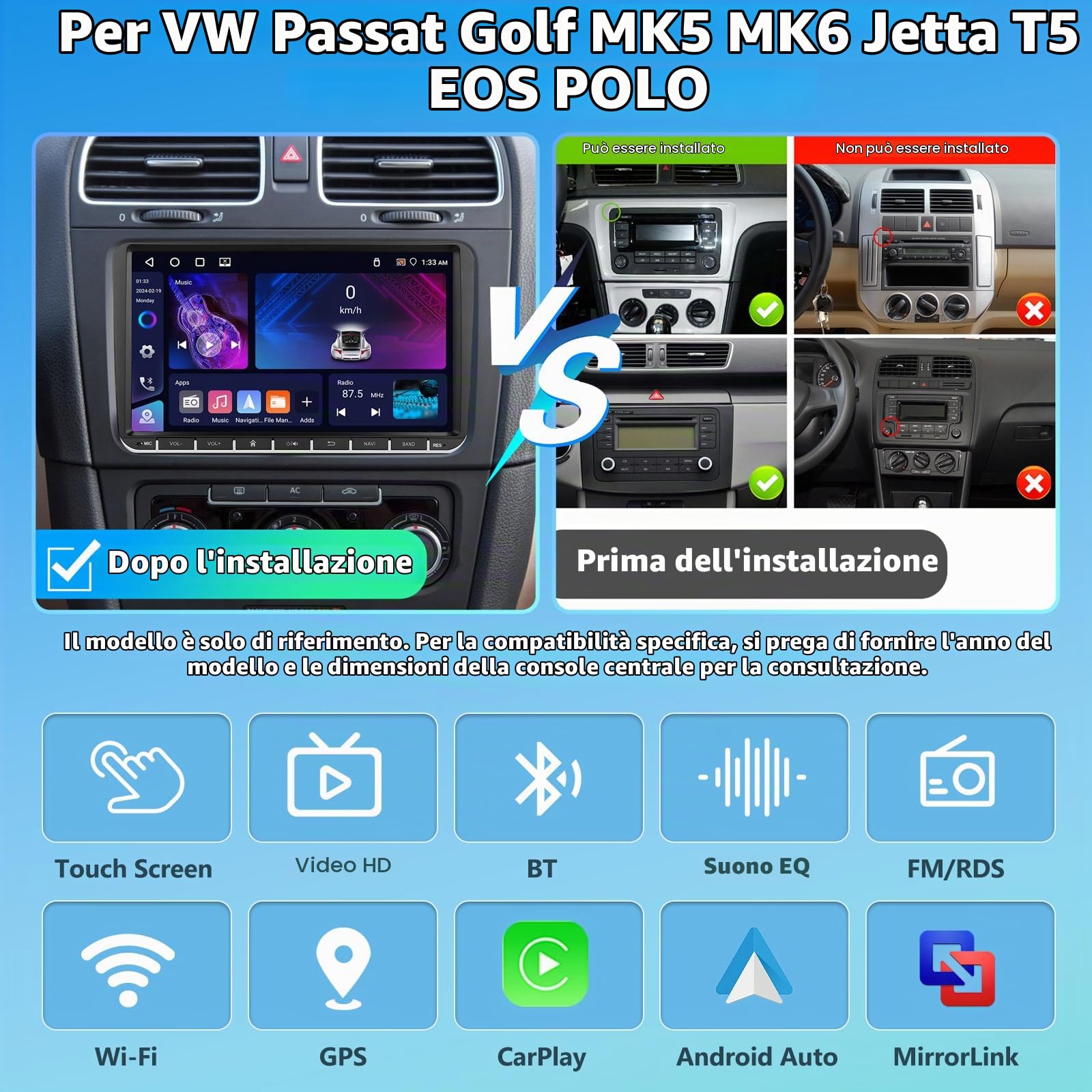 4GB+64GB Autoradio con carplay per VW Passat Golf 5 MK5 MK6 Jetta Polo Touran Sedile Sharan, 9" Stereo Bluetooth con GPS Collegamento a Specchio WiFi RDS/FM Radio Hi-Fi+Backup Telecamera