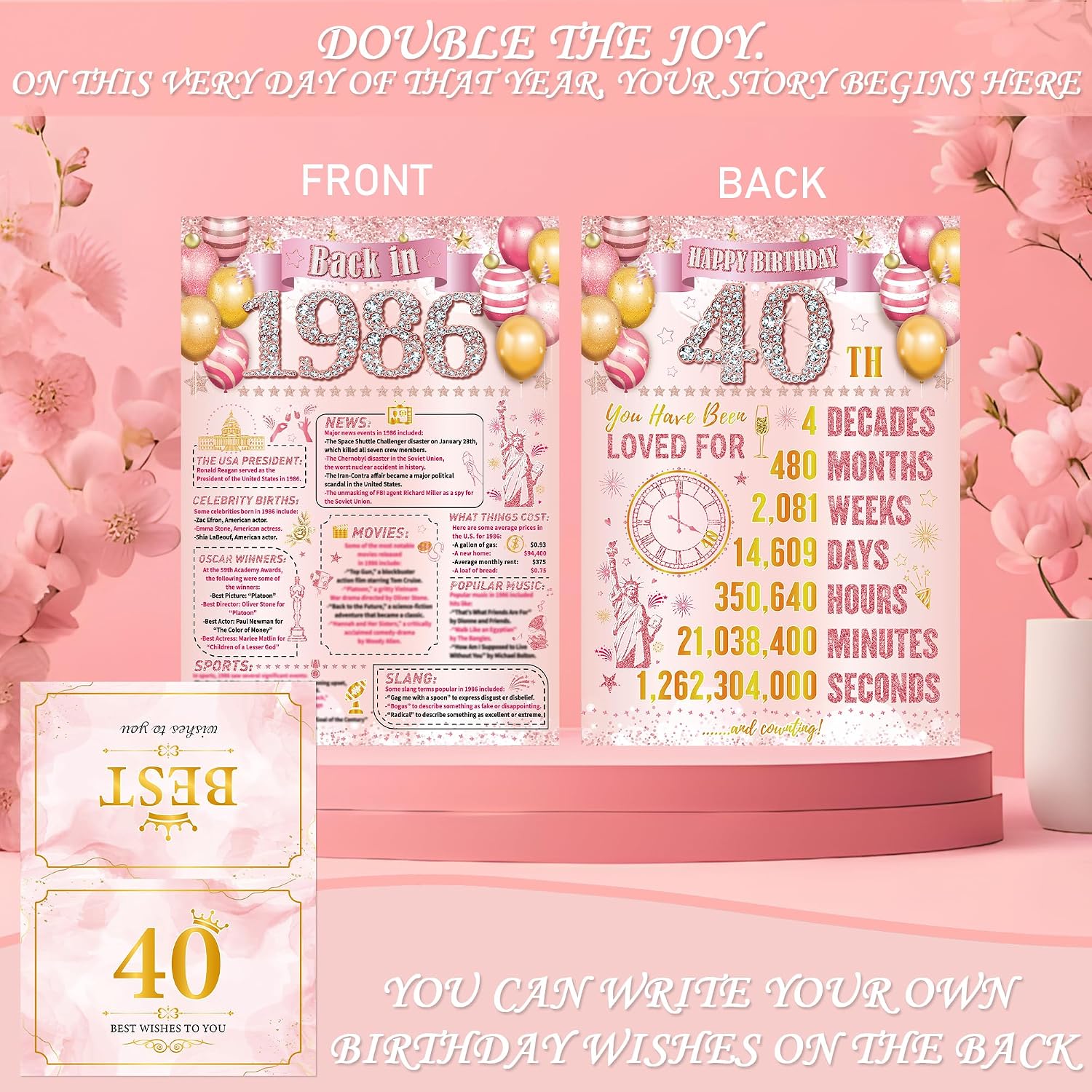 Sitsink 40th Birthday Gifts for Women, 1986 Vintage Limited Edition Gift Set for Women Turning 40, Includes Tote Bag, Makeup Bag, Tumbler & Card, Rose Gold Birthday Gift Box for Her