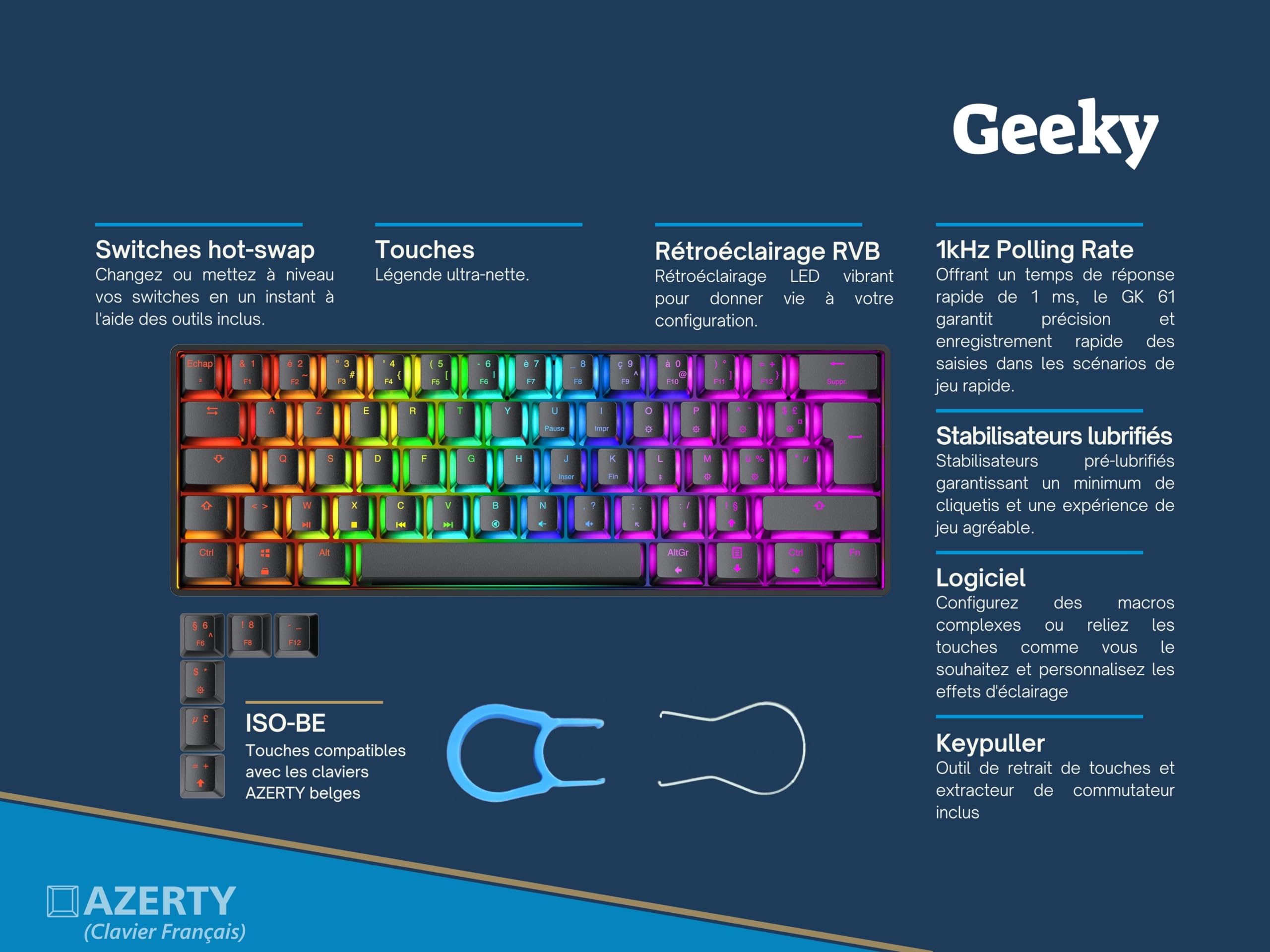 Geeky GK61 60% | Hot Swappable Clavier de Jeu Mécanique | 62 Touches Multicolores Rétroéclairées RGB LED pour Gaming PC/Mac | ISO FR AZERTY Clavier Français (Noir, Mechanical Speed Yellow)