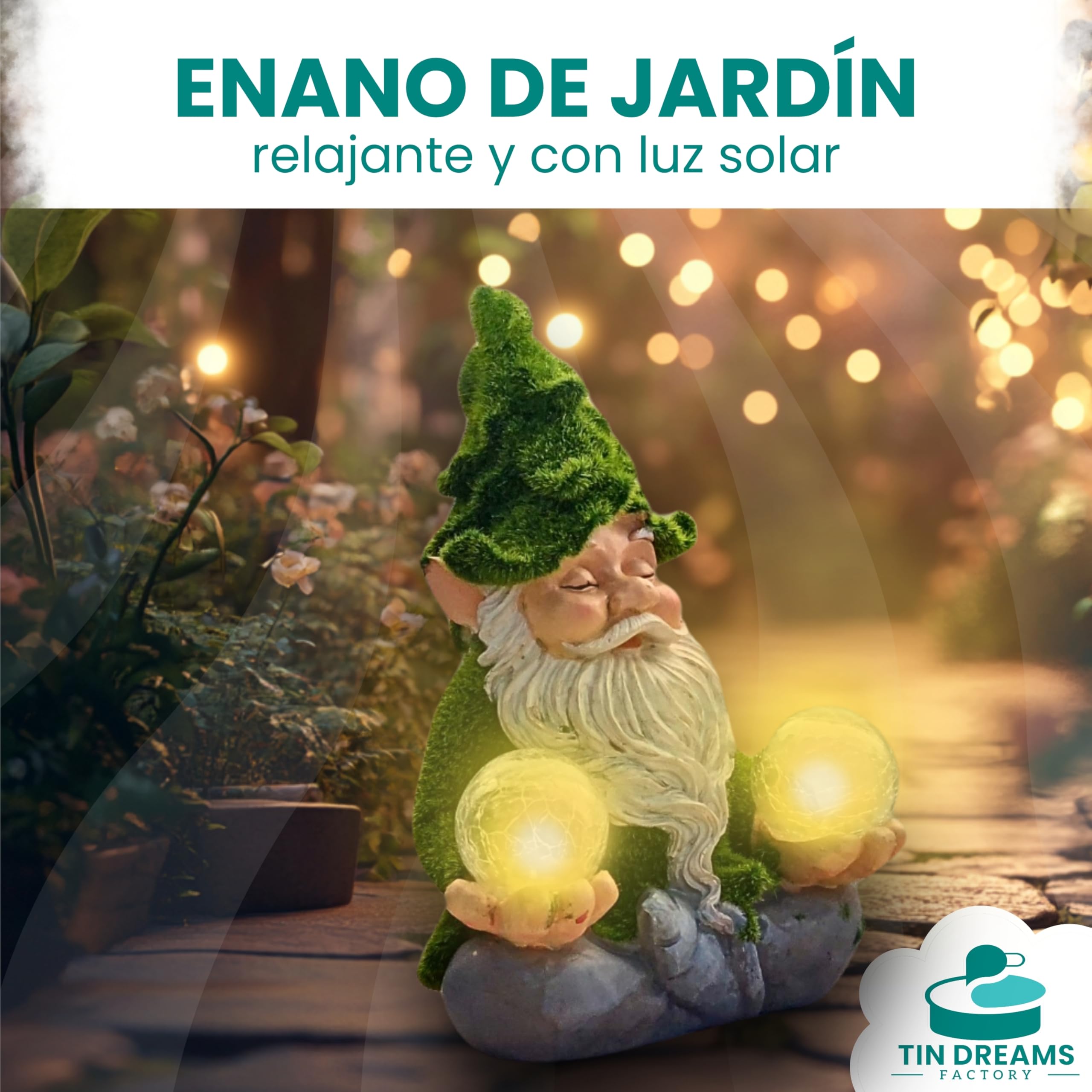 Gnomo Zen con Luz Solar – Figura Decorativa de Jardín en Resina – Enanito Exterior con Burbuja Luminosa LED – Adorno Relajante para Jardín, Patio y Terraza