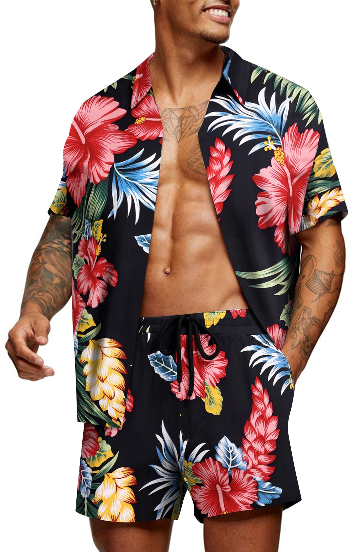 COOFANDYMen's Hawaiian Matching Set Summer Beach 2 Piece Outfits Flower Button Down Shirts and Shorts Vacation Outfits