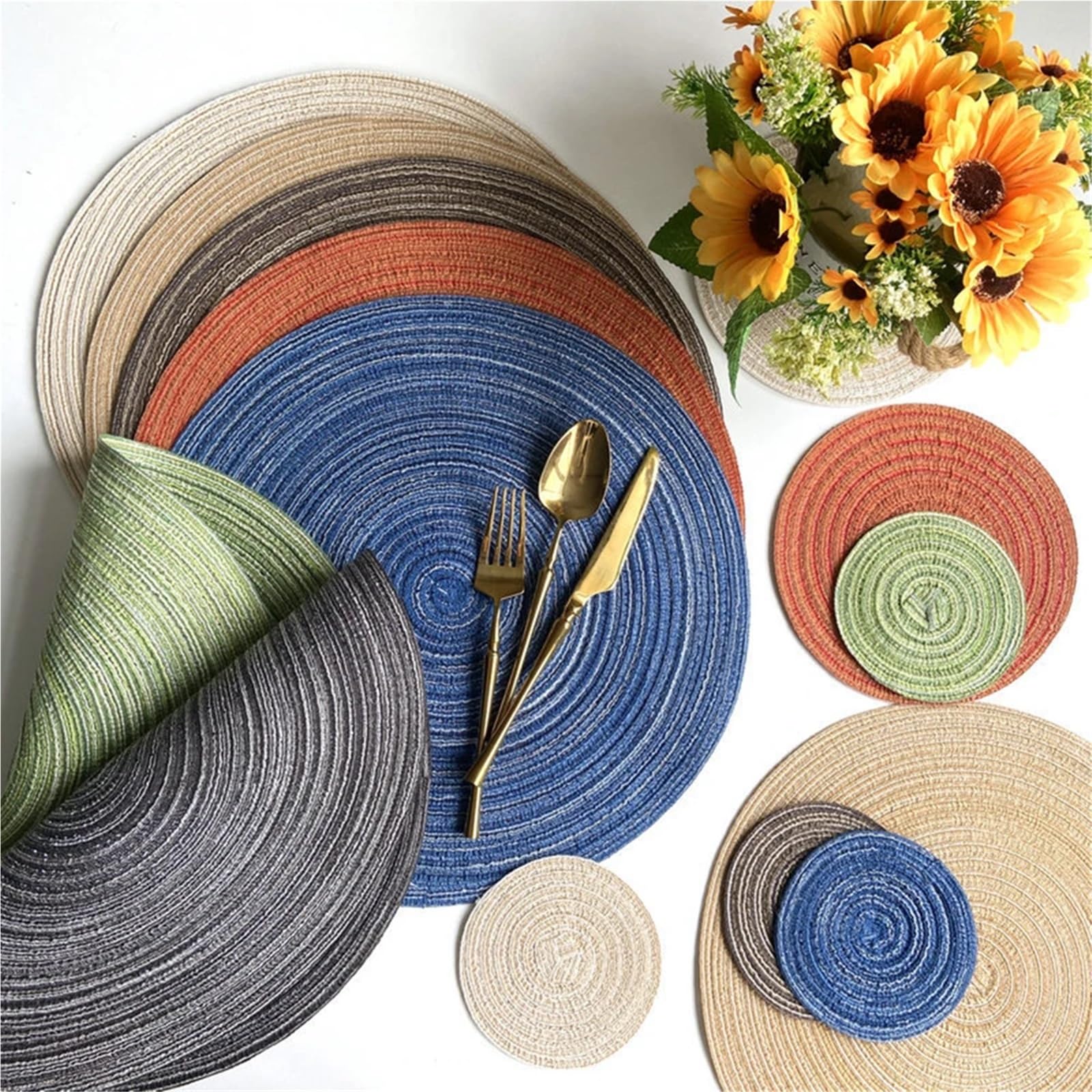 4 manteles Individuales Redondos de ramio Tejidos, Antideslizantes for Mesa Comedor, for vajilla, Posavasos for Tazas y Bebidas Cocina para Mesas De Comedor Y Cocinas(Coffee,4 pcs 30 cm)
