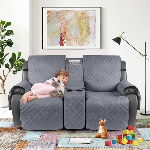 Miniatura 4 de KinCam Funda 100% impermeable para sofá biplaza reclinable con consola, fundas antideslizantes para sofá reclinable de 2 asientos, funda de sofá