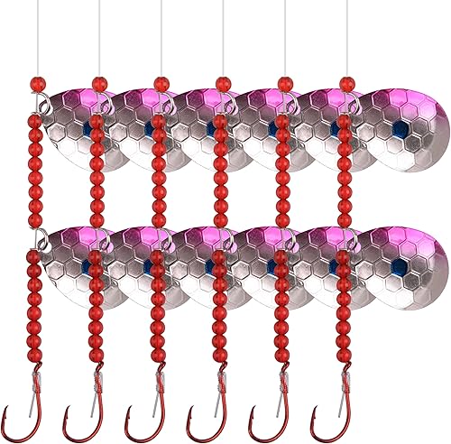 Miniatura 9 de Walleye - Señuelos de pesca giratorios, paquete de 6 arneses de orugas, kit de aparejo giratorio de pesca con cuentas de hoja de Colorado, gancho de