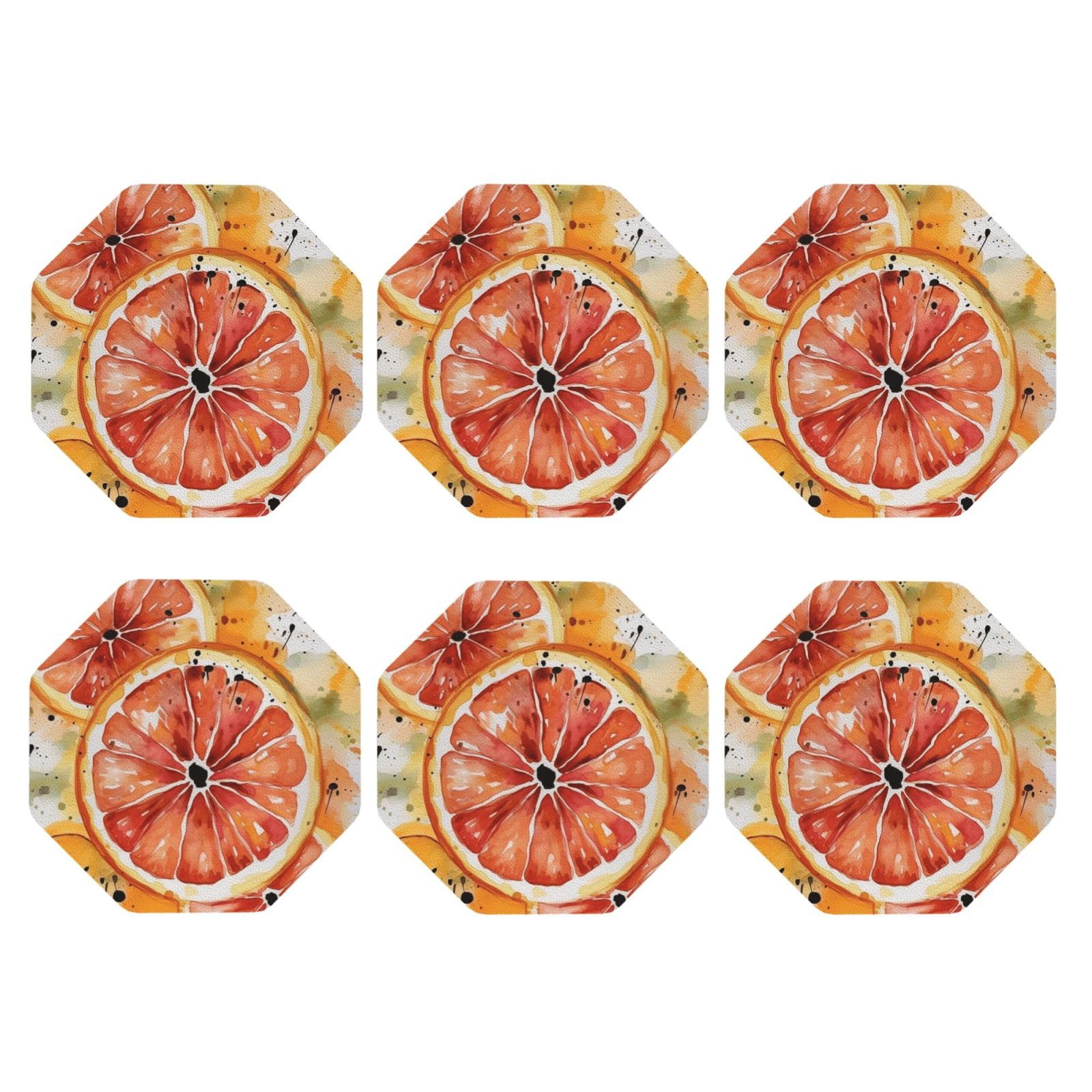 6pcs Leather Coasters for Drinks, Watercolor Orange Slice Drink Coasters for Tabletop Protection, 4" Cup Coasters for Coffee Table Decor, Non-Slip Drinking Cup Mat for Hot Or Cold Drink
