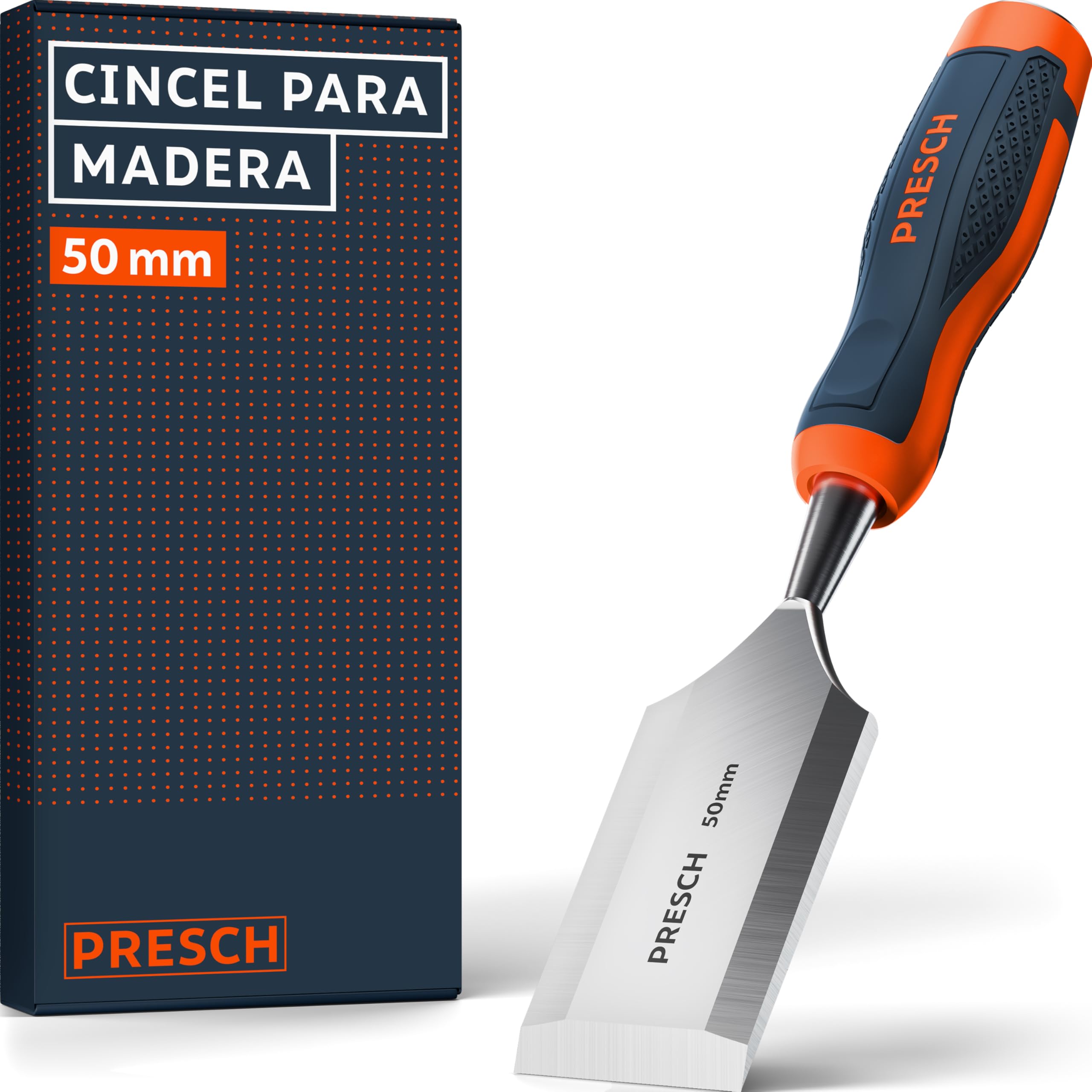 Presch Cincel para madera 50mm - Perfectamente afilado para uso inmediato - Profesional con ángulo de cuña de 25° - Robusta caperuza de impacto metálica - Mango ergonómico para un agarre seguro