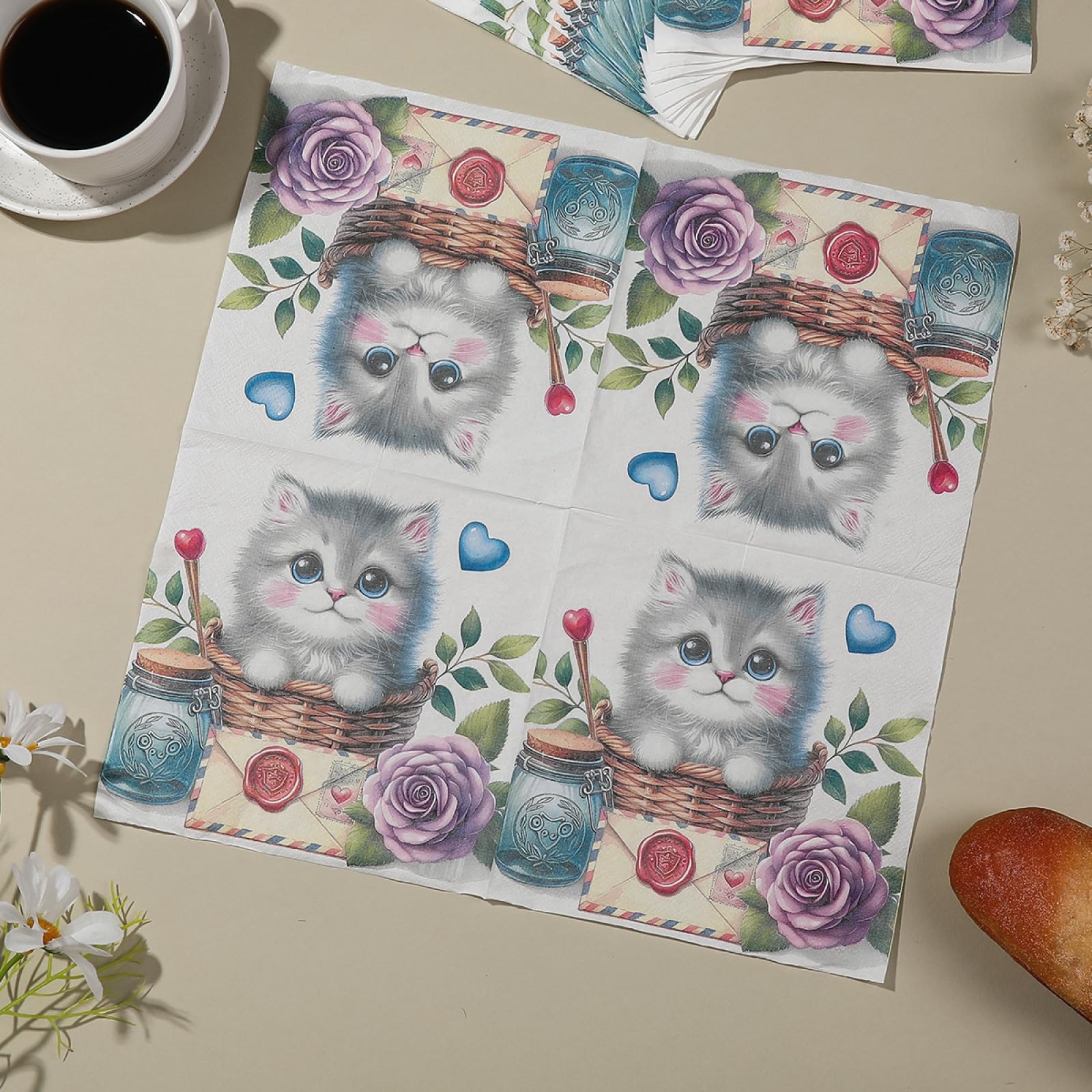 Serviette Papier Anniversaire Chat Pourpre Mignon Serviette Anniversaire en Papier Anniversaire Serviettes Papier Jetables de Table Cocktail Mariage Décoration pour Partys 30 Paquet(33x33cm)