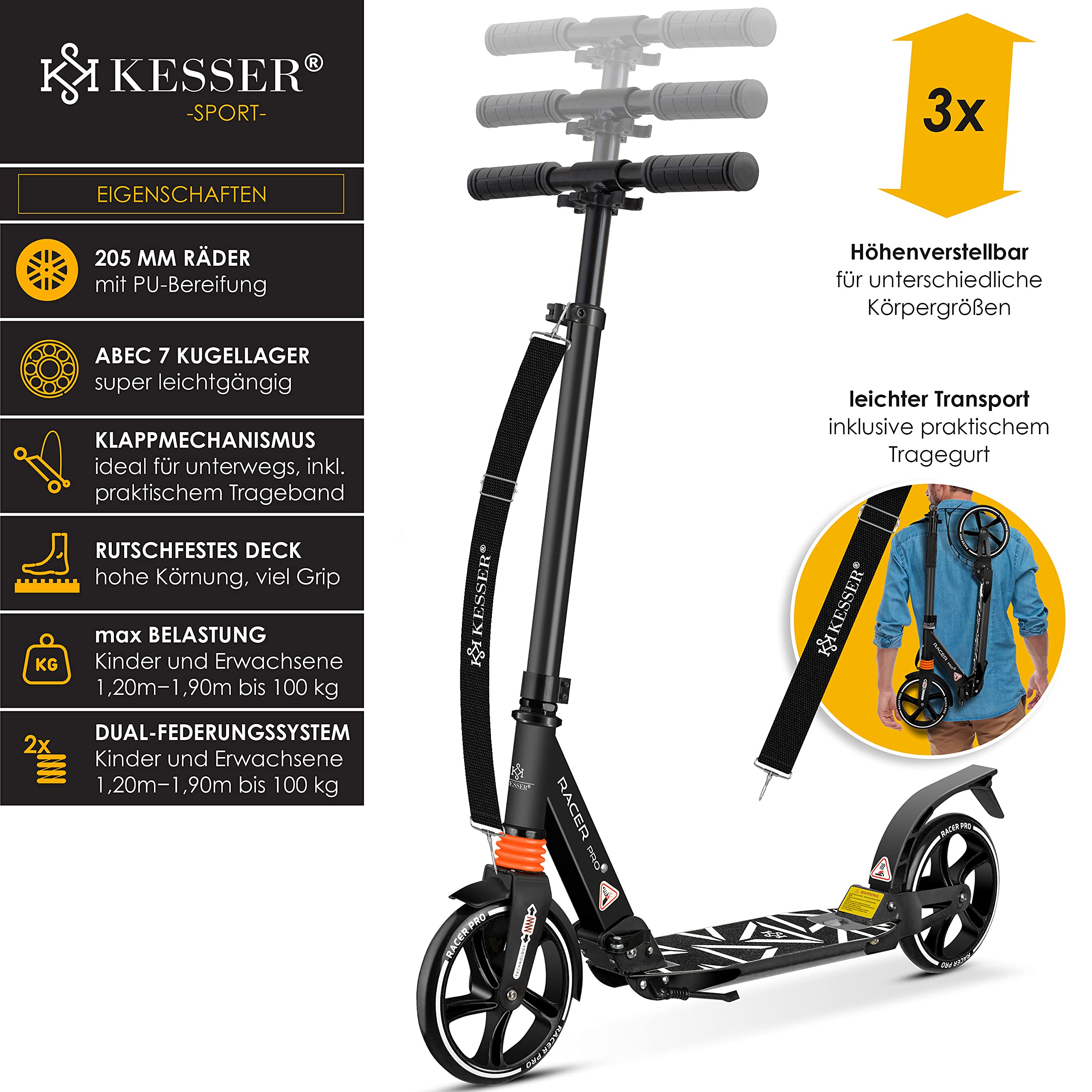 KESSER® Cityroller - Trottinette avec grosses roues en polyuréthane de 205 mm PRO-S, double suspension, pliable et réglable en hauteur, convient en ville, pour adultes et enfants