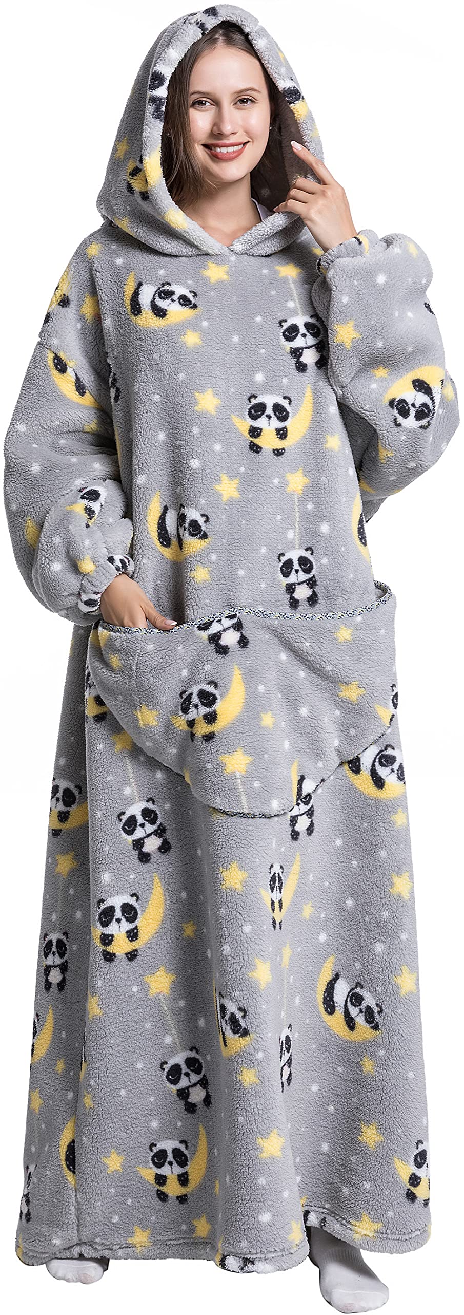 Damskie bluzy z kapturem, długi koc z kapturem, koc z rękawami, bluza z kapturem, oversize, koc z rękawami, sweter bożonarodzeniowy, ciepły koc do zakładania, Panda, rozmiar uniwersalny