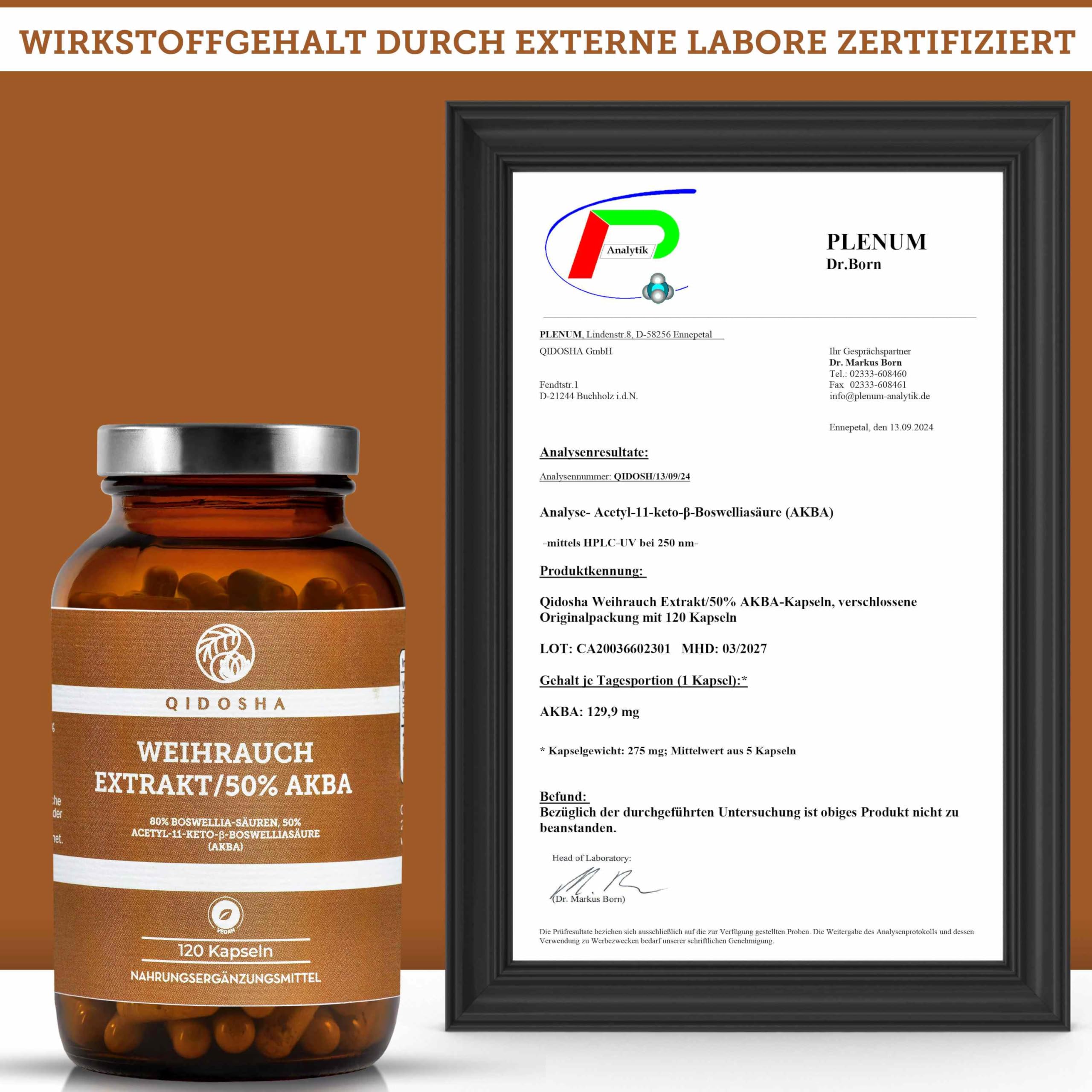 QIDOSHA® Weihrauch AKBA Kapseln, höchster AKBA-Gehalt am Markt, 120 Stk/Glas, 250mg Weihrauch-Extrakt mit 125mg AKBA je Kapsel, 80% Boswellia-Säuren, AKBA Kapseln hochdosiert mit 50% AKBA