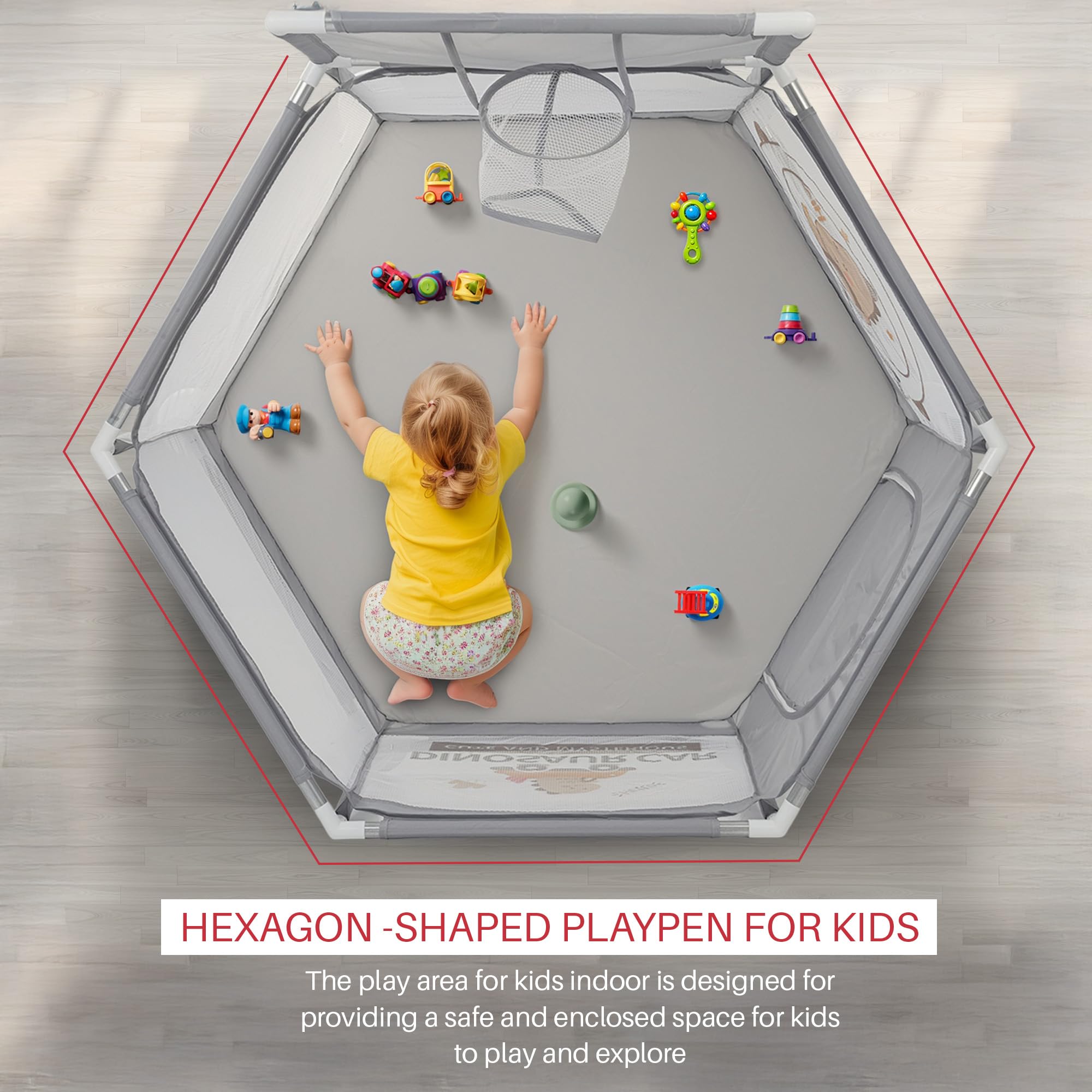 Baybee Neo Plus Kids Playpen for Babies | Baby Activity Playards with Basket Ball Hoop, Zipper Door & Corner Protection | Baby Play Area Indoor Setup with Hexagon shape for Extra Space | Outdoor Play Pen for Baby up to 5 Years (Grey) 4