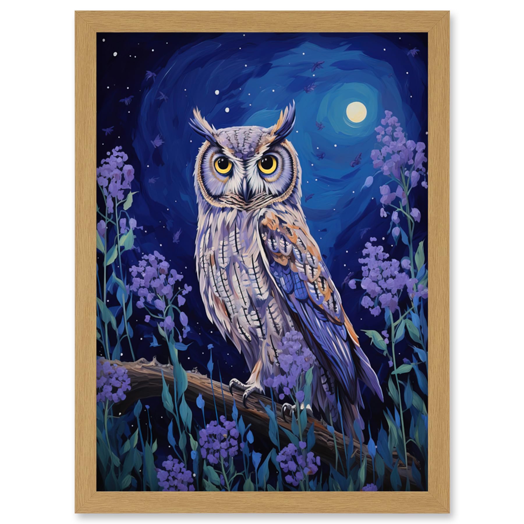 Great Horned Owl in Lavender Field Oil Painting Wall Art Print - Blue Purple Full Moon Night Countryside Artwork Framed A4