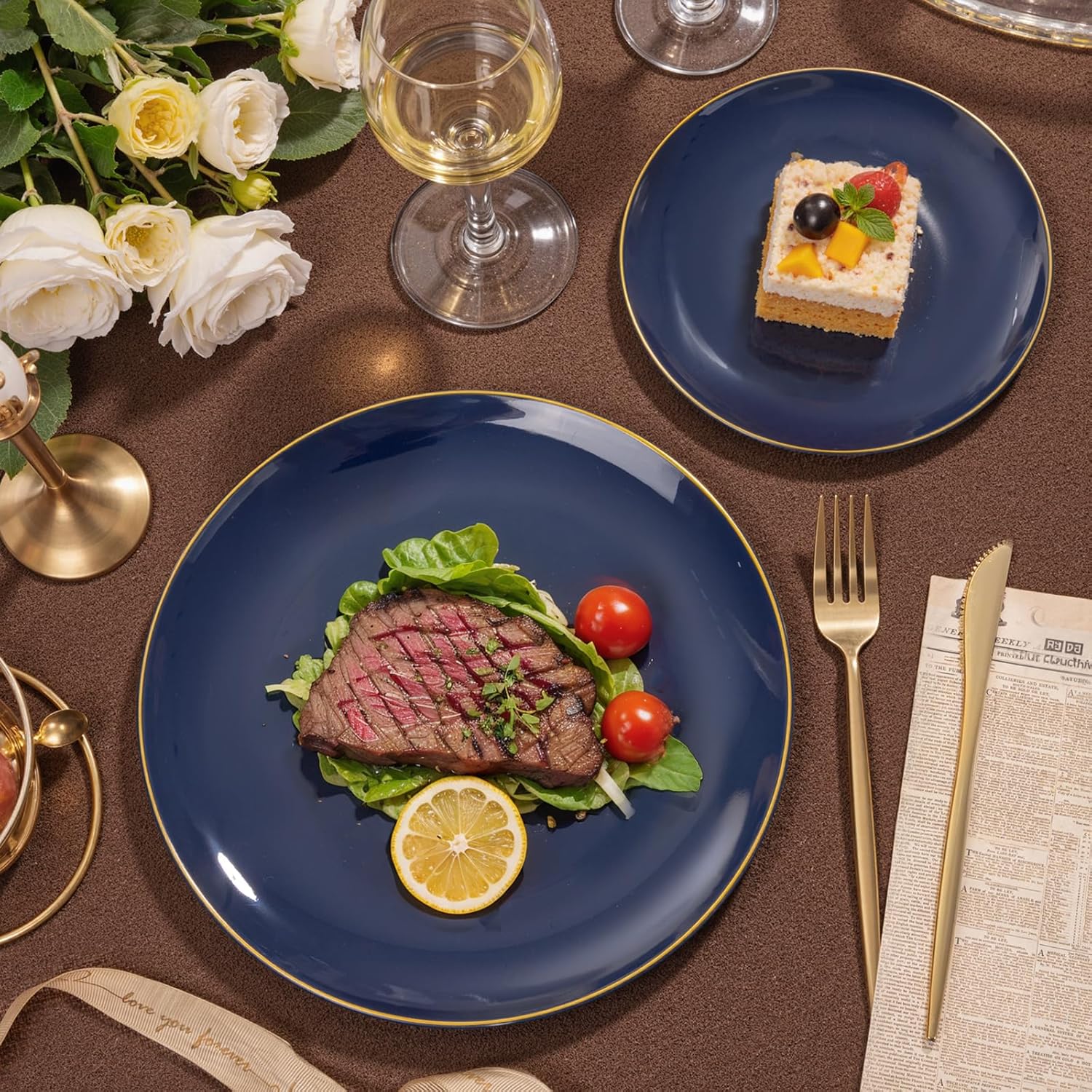 bUCLA 200PCS Blue Plastic Plates - Navy Blue Disposable with Gold Rim Include 100 Each (10 inch Dinner & 7 inch Dessert) Plates, Ideal for Party, Gathering and Hanukkah - Image 3