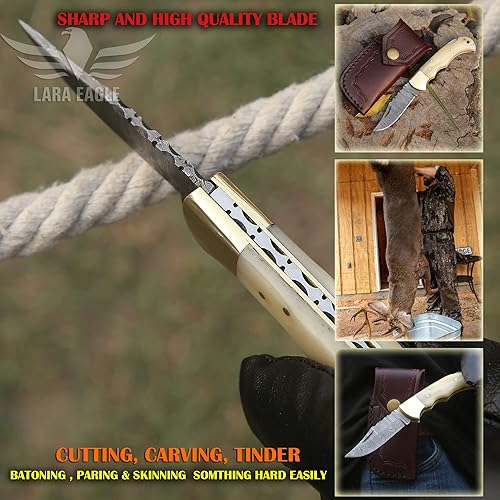 Miniatura 4 de Cuchillo de bolsillo de damasco para hombres - 133 capas de acero sólido hecho a mano, cuchillos plegables de caza con afilador y funda de cuero -