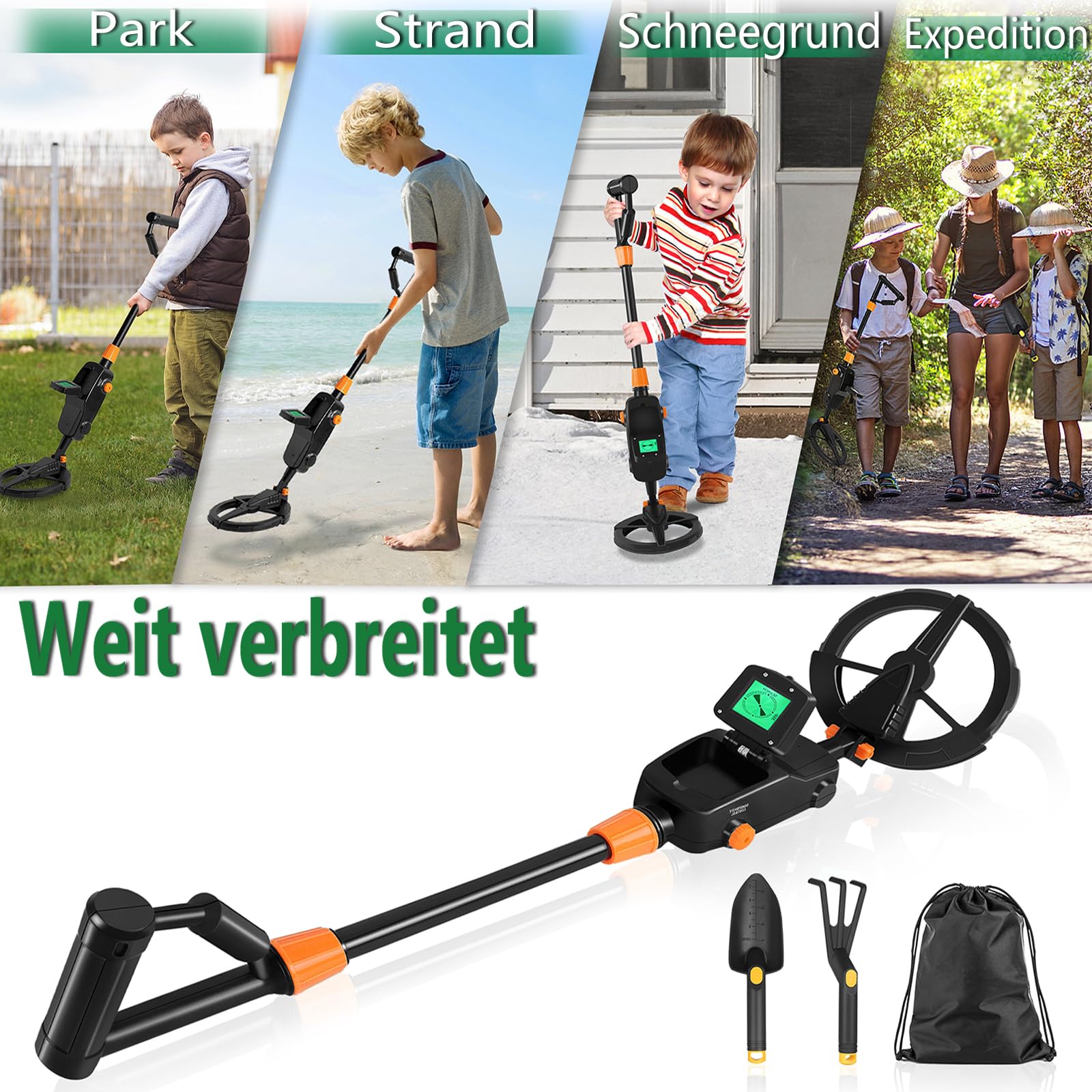 Leichter hochempfindlicher Metalldetektor mit LCD Display, Outdoor Schatzsuch Metalldetektoren,Mit Kunststoff Schaufel, Rechen &Tragtasche(Modell 1008) Schwarz