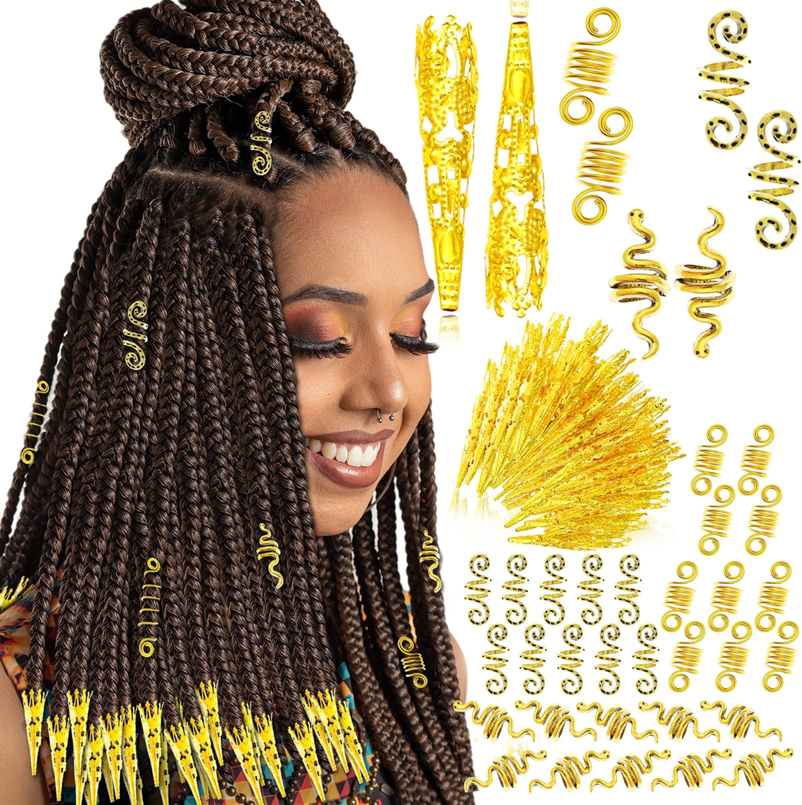 RechicGu 130 Pieces Locs Hair Jewelry for Women Goddess Dreadlocks Accessories kit Faux Locs Beads,Braids Hair Cuffs Decoration Charms (Gold)