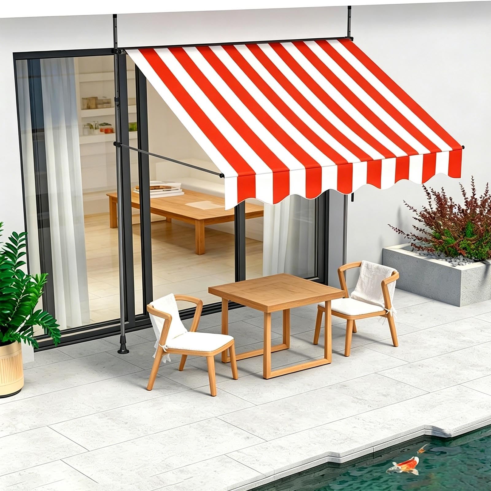 Patio z regulacją wysokości, ręcznie chowana, ochrona przed wodą i promieniowaniem UV, idealna do okien i drzwi, idealna na podwórko, ogród, balkon (czerwono-biały, 200 x 120 cm)