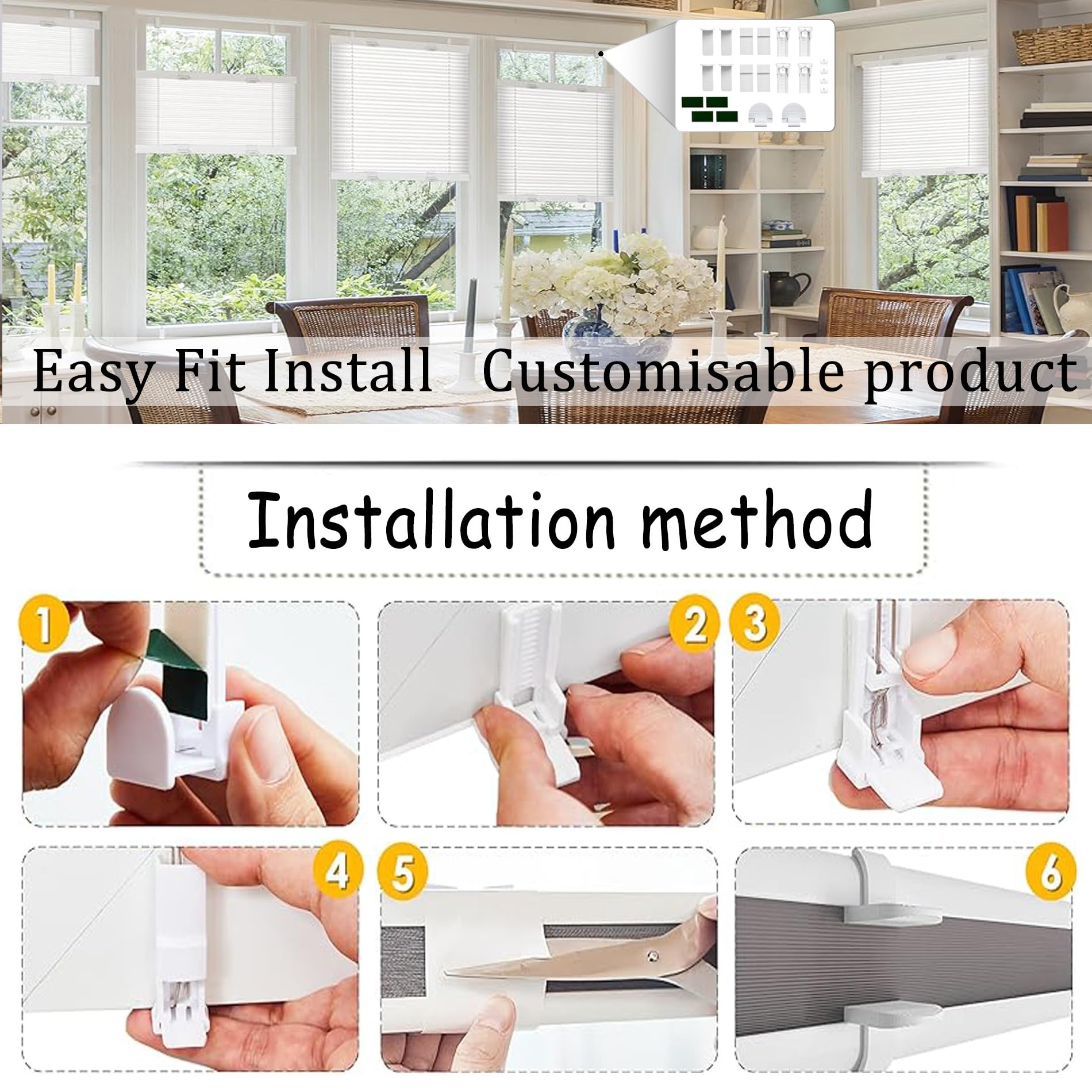 Easyfix Store Plissé 85 x 100 cm sur Mesure pour Toutes Les fenêtres intérieures, Store Occultant sans Perçage Ouverture à Double Sens pour Fenêtres Et Portes, Blanc