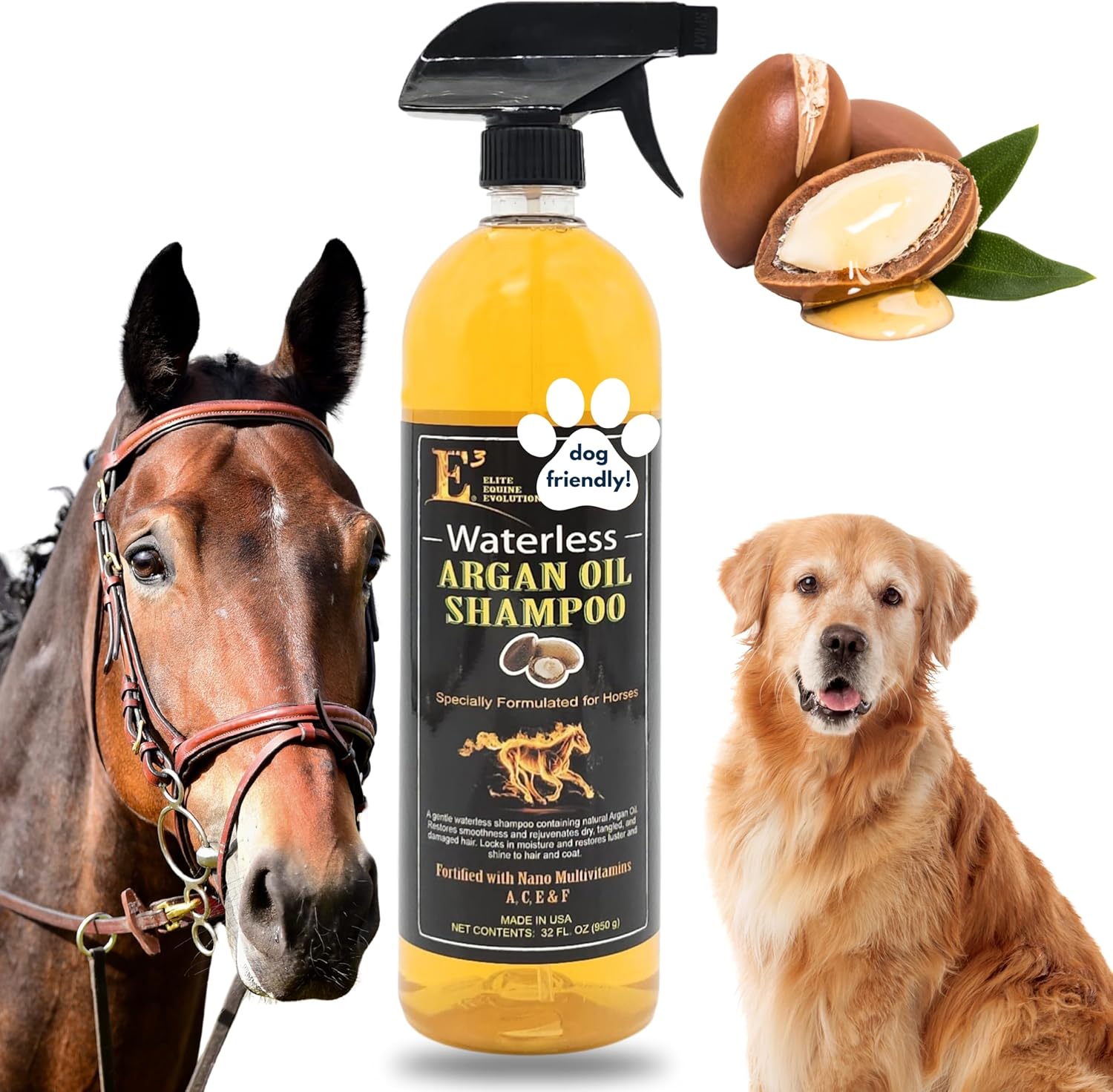 E3 Waterless Argan Oil Shampoo for Horses – Convinient Care for Mane & Tail, Effortless Application, Nourishes Hair & Skin, Versatile use, Time-Saving Solution, Amazing Smell 32 oz