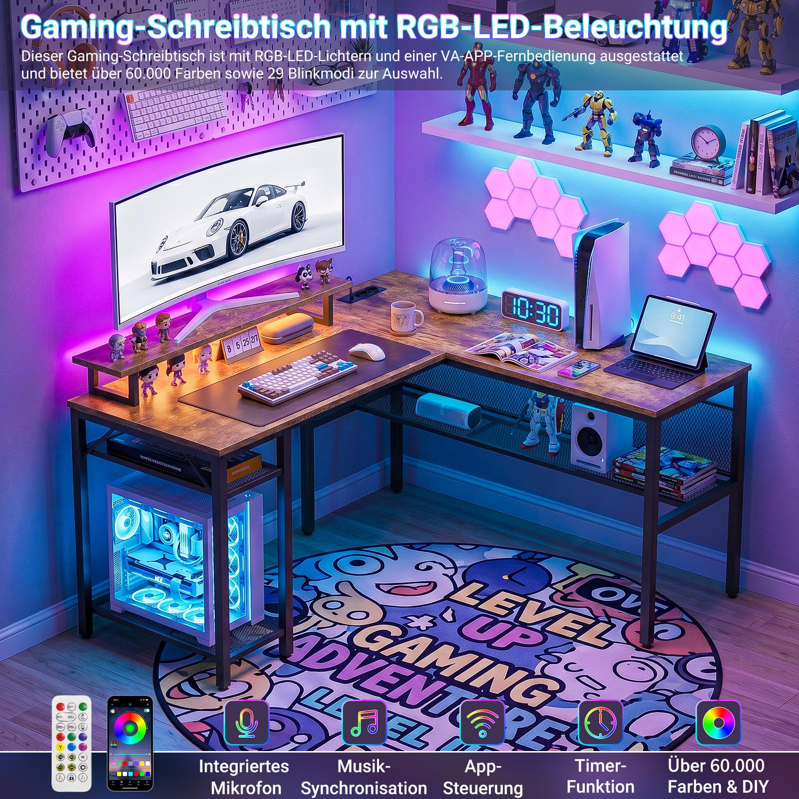 Homieasy Gaming Schreibtisch Eckschreibtisch L Form Reversibel LED | Metallrahmen Mit Holzplatten, Monitorständer Und Regal, Steckdosen, USB-A Und USB-C