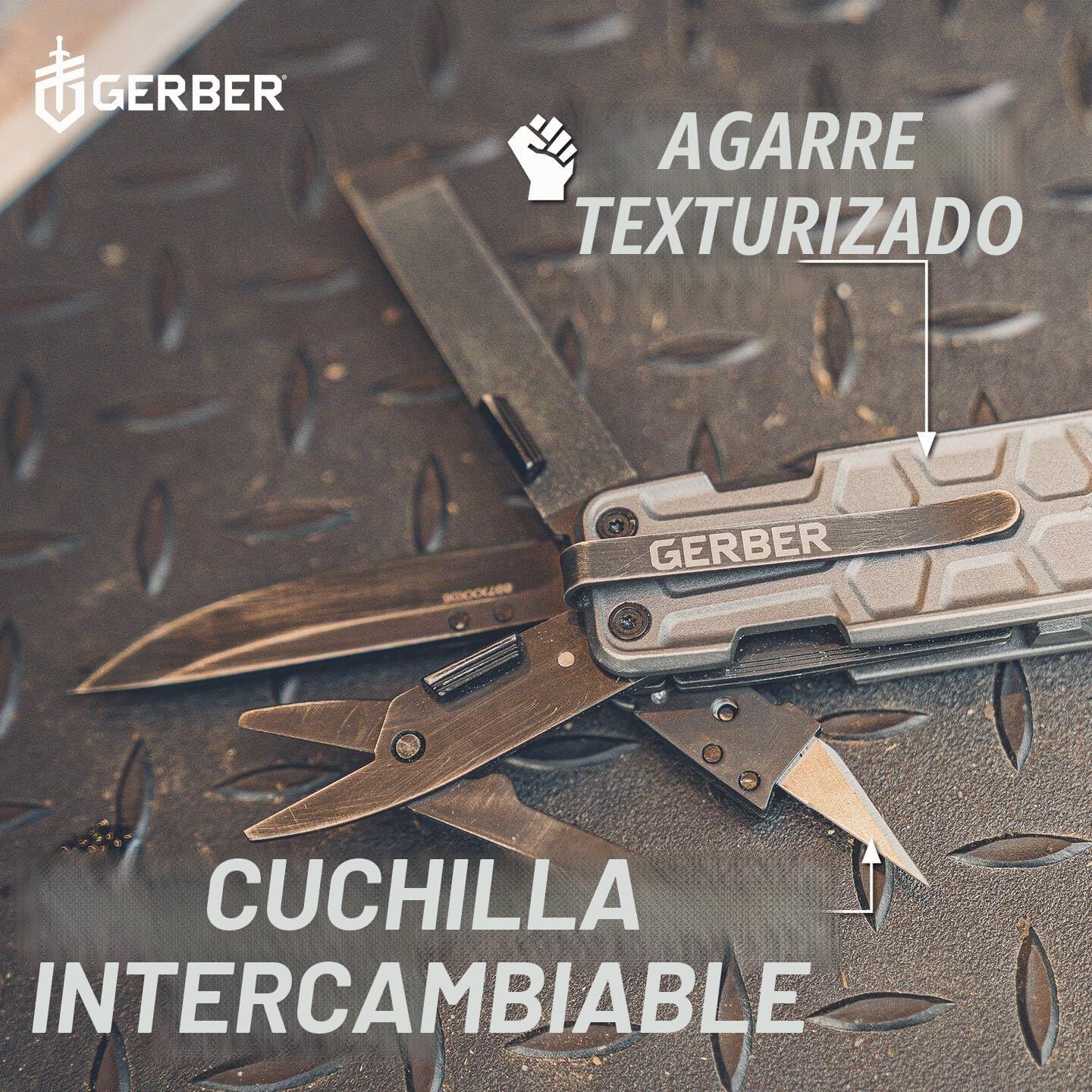 Gerber Herramienta multifunción con 10 funciones, Cuchillo de hoja lisa, LockDown Pry, Aluminio/5Cr15MoV, Gris, 31-003706