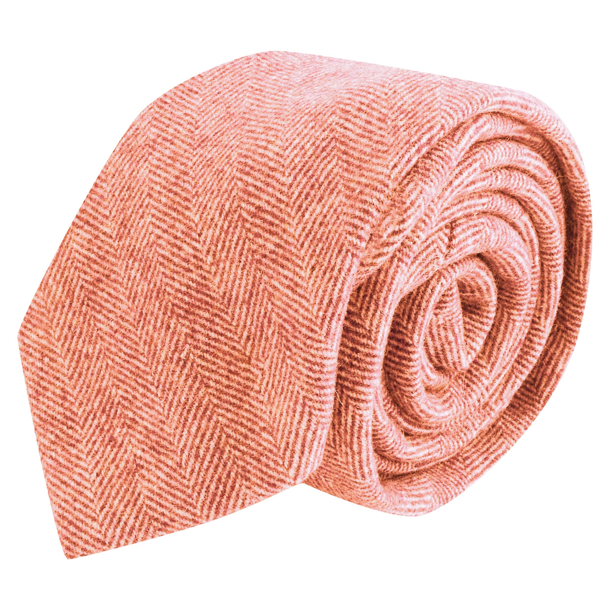 King & Priory Coral Red/Orange Herringbone Wool Tie, Mens Necktie