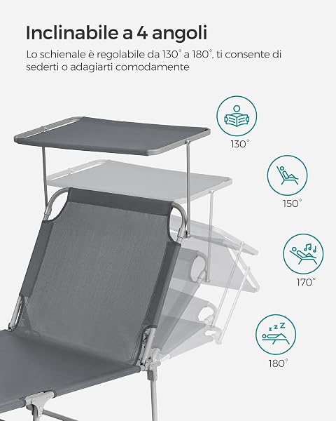 SONGMICS Lettino Prendisole, Sedia a Sdraio Pieghevole, 193 x 53 x 29 cm, Max Portata 150 kg, con Poggiatesta Parasole e Schienale Reclinabile, per Terrazzo Piscina Giardino, Grigio Scuro GCB19UV1 - 4