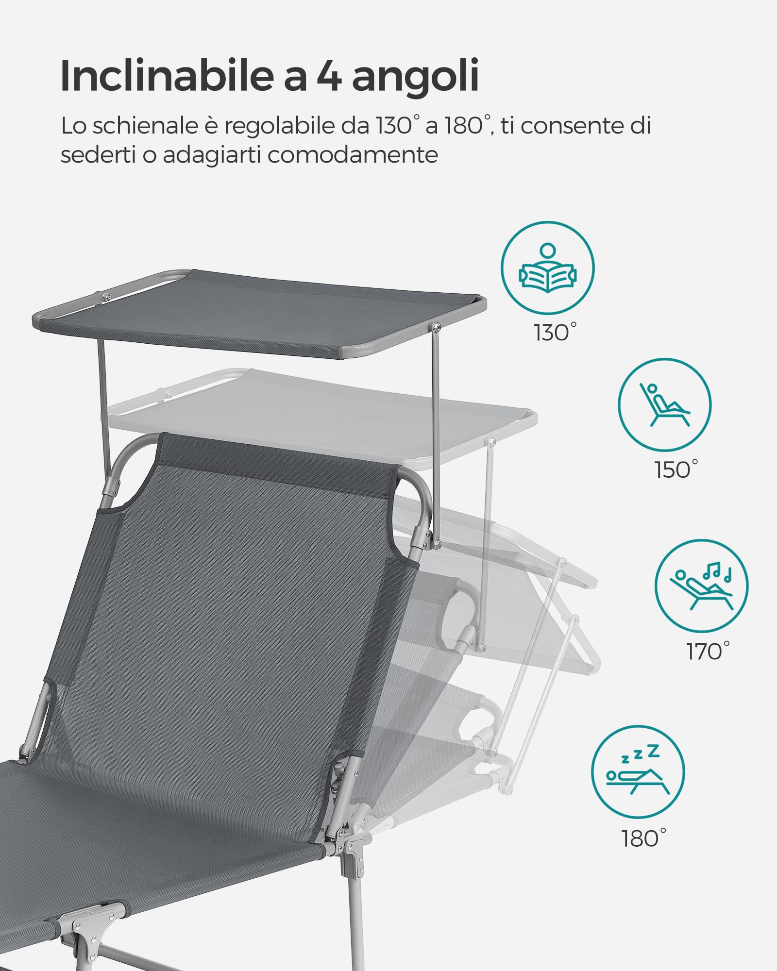 SONGMICS Lettino Prendisole Pieghevole 193x53x29 cm Max Portata 150 kg Poggiatesta Parasole Schienale Reclinabile Grigio Scuro