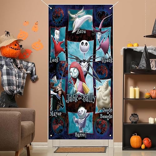 Miniatura 2 de Jack Skellington Sally Zero - Cubierta de puerta de Jack Skellington Sally Zero - Fondo de fotos para Halloween, Navidad, Navidad, decoración y