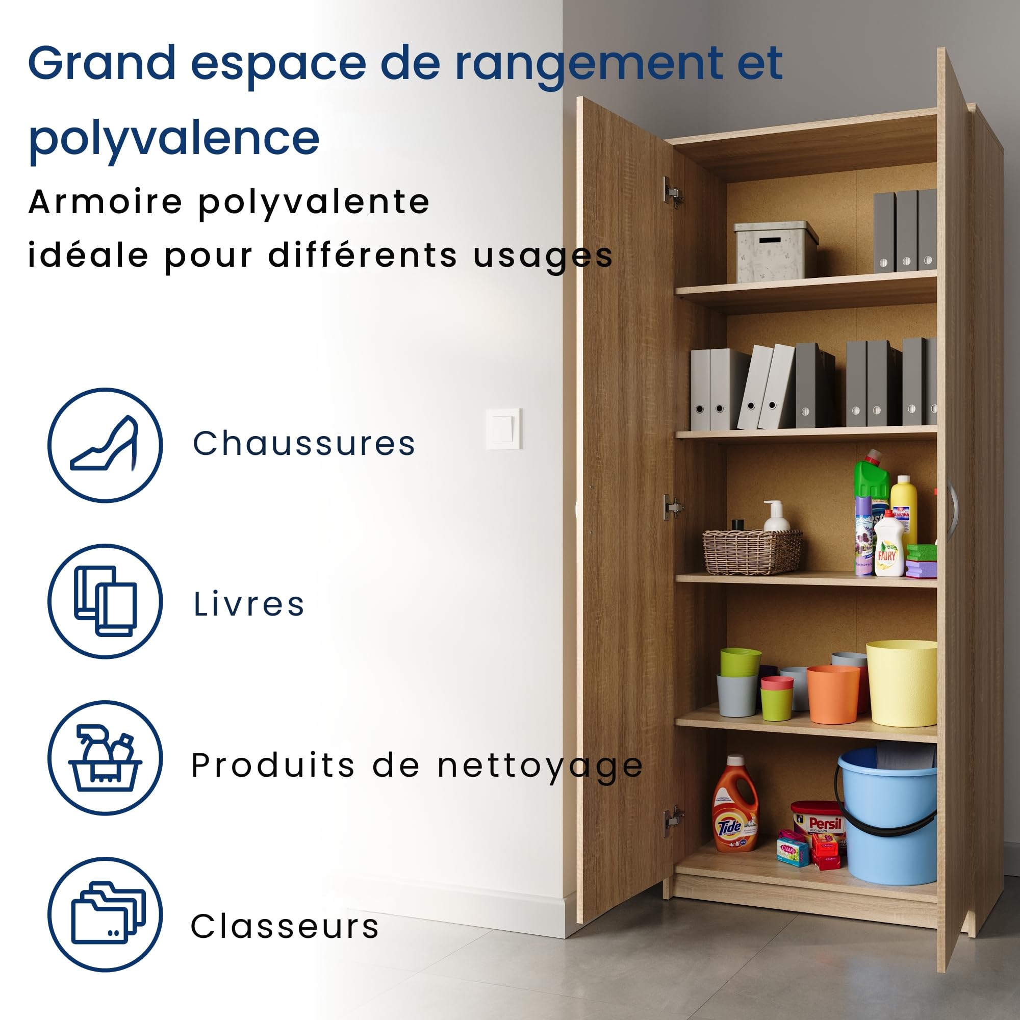 Home Collective Armoire Polyvalente avec 5 Compartiments et 2 Portes, 74x35x180 cm – Rangement Pratique pour Bureau, entrée, Cuisine ou buanderie – Stable, Facile d’Entretien | Sonoma