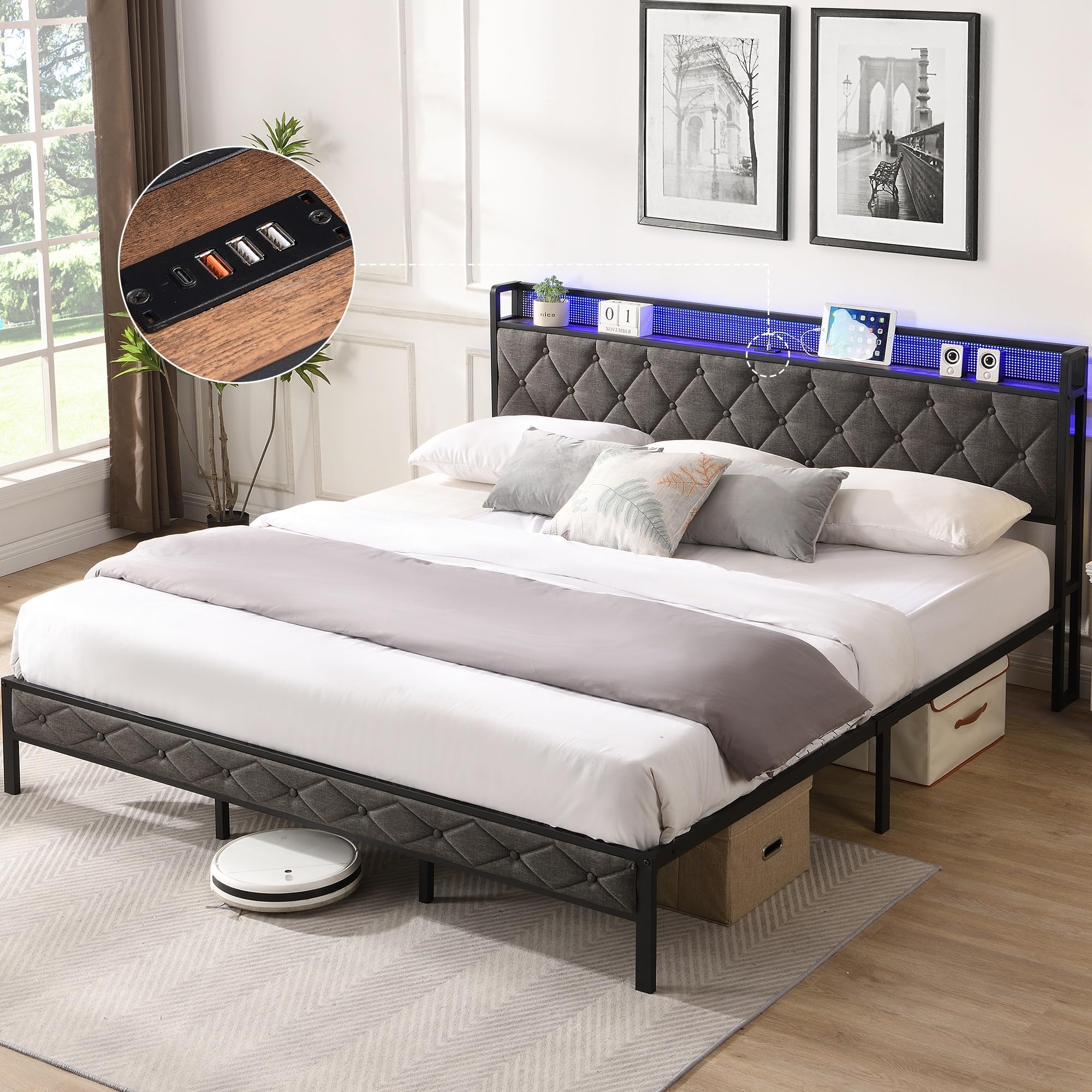 King Size Upholstered Bed Frame with Storage Headboard Charging Station and LED Lights Heavy Metal Slats Platform Bed