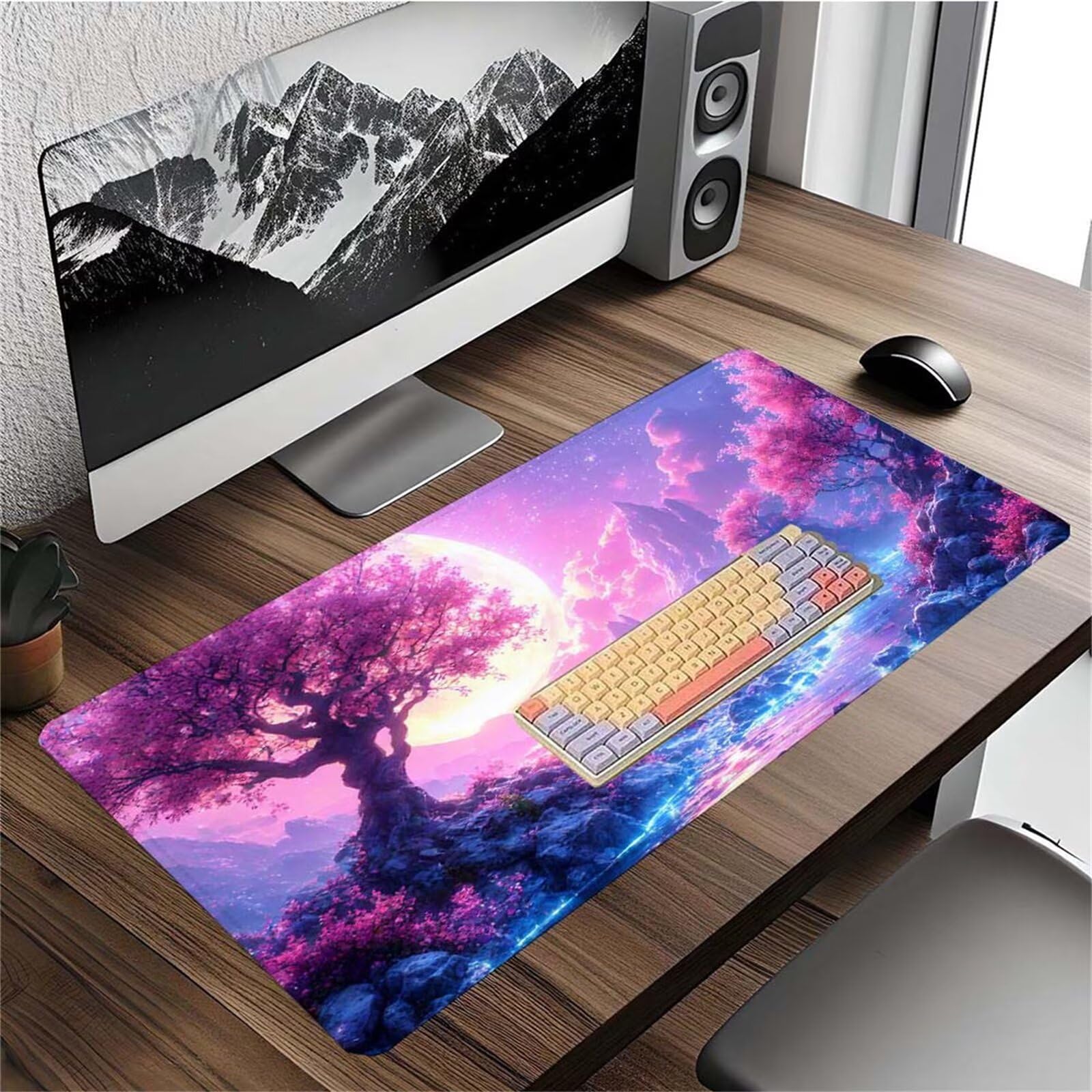 Alfombrilla Ratón Luna Árbol Alfombrilla Ratón XXL 1400x600x3mm Mouse Pad Resiste Salpicaduras, Extendida de Gran Tamaño con Bordes Cosidos, Mejora Precisión y Velocidad, Antideslizante,Duradera y-477