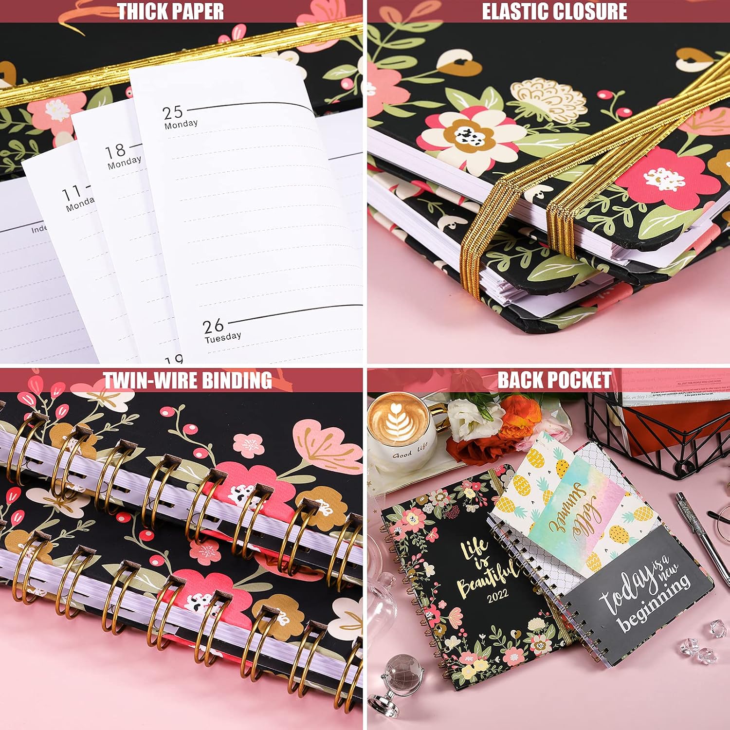 Kodexlode 2022 Planner - Weekly & Monthly Planner 2022 from Jan to Dec, 8.5" x 6.4", Spiral Planner with Tabs, Back Pocket, Elastic Binding, Pink Flowers