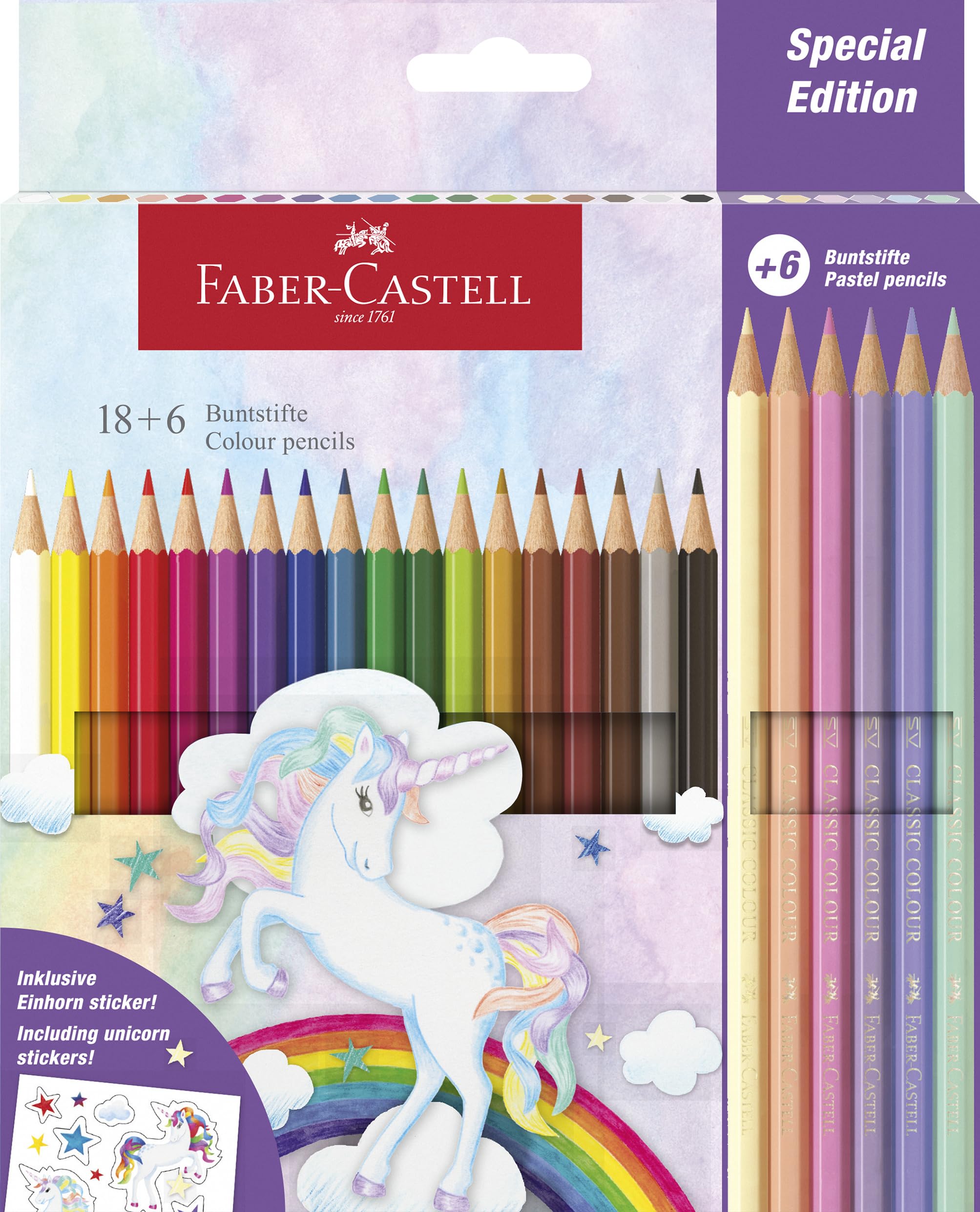 Faber-Castell 111221 - Estuche Carton Unicornio con 18 Lápices de Colores + 6 Lápices Pastel