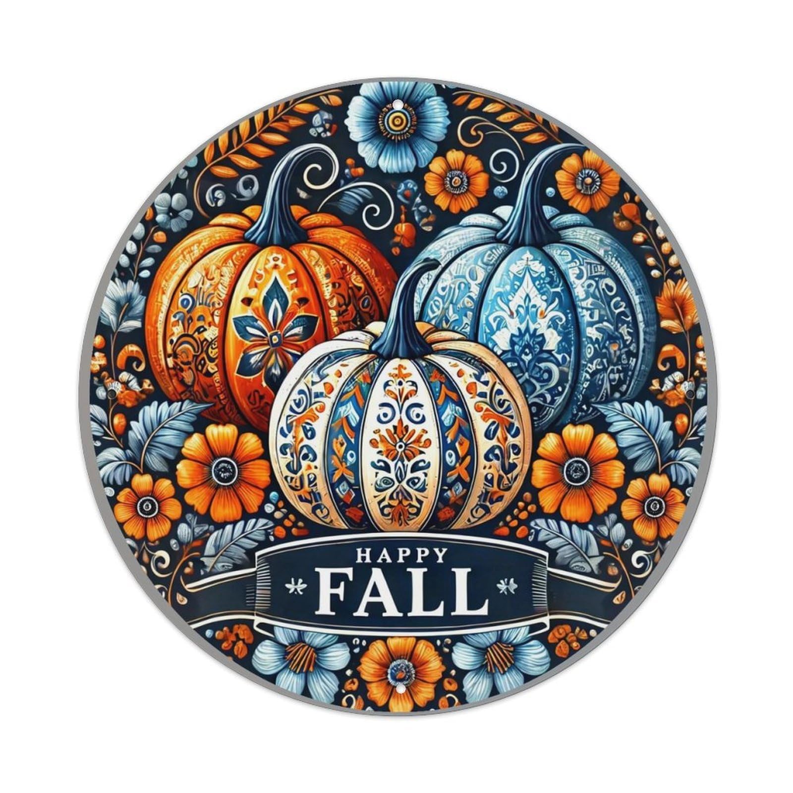 Pumpkin Floral Pattern Autumn Design Round Metal Tin Sign Vintage Wall Decor, Bar Garage Cafe Kitchen Home Wall Art Poster 8x8inches