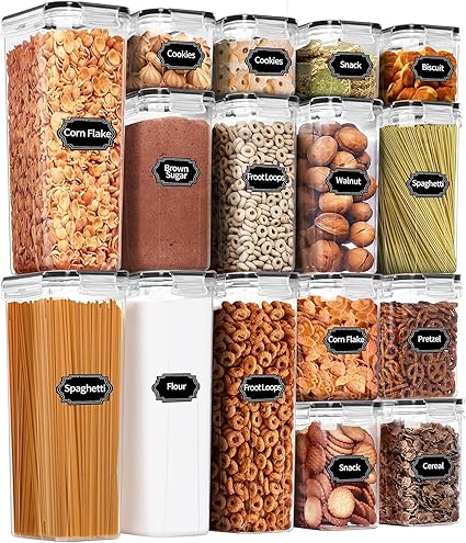 Snazzy Airtight Food Storage Container Set, 16 Pcs BPA Free Plastic Dry Food Canisters for Kitchen Pantry Organization and Storage Ideal for Cereal, Flour & Sugar