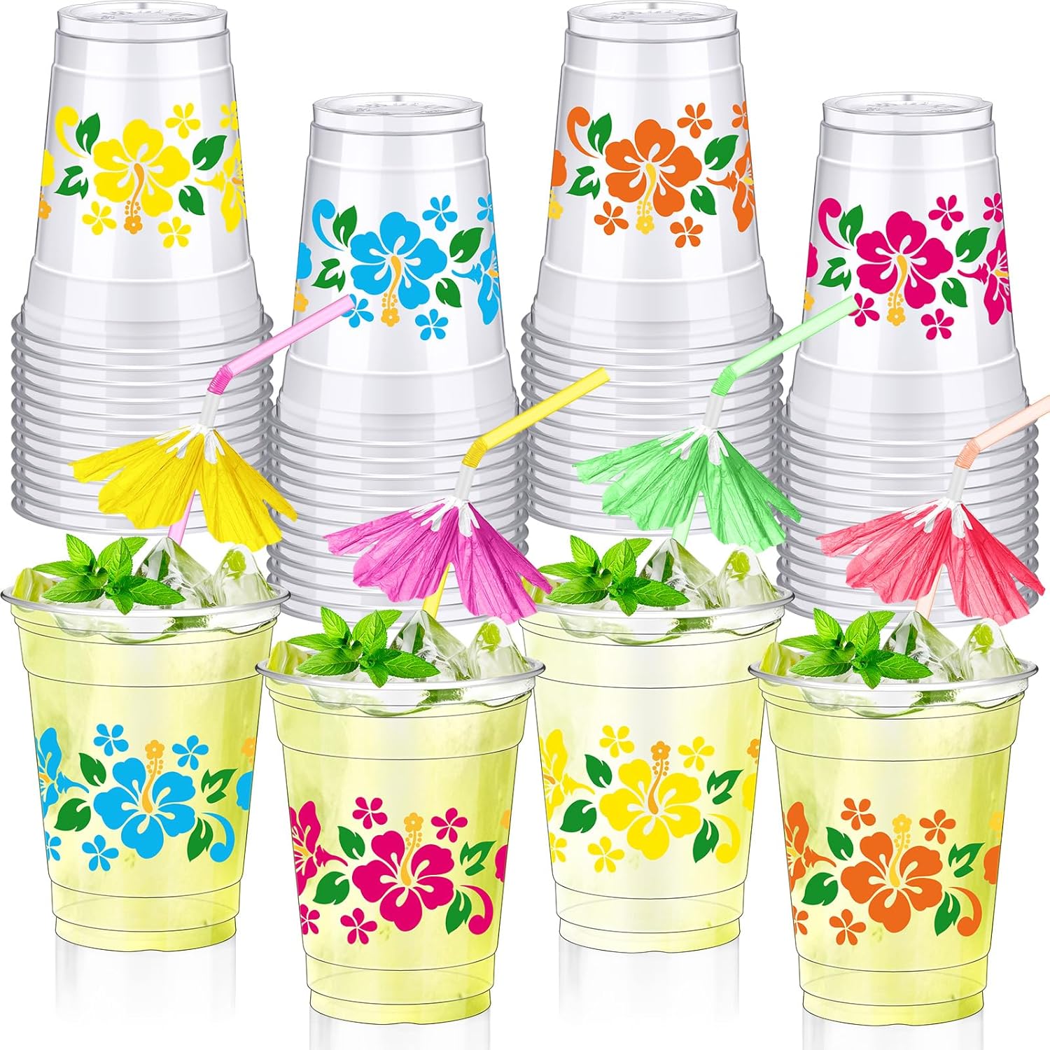 Jingmore 100 Set 12 oz Hawaiian Plastic Cups with Umbrella Straws Hibiscus Disposable Drinking Cups for Beach Hawaiian Luau Party Supplies Drinkware Decorations