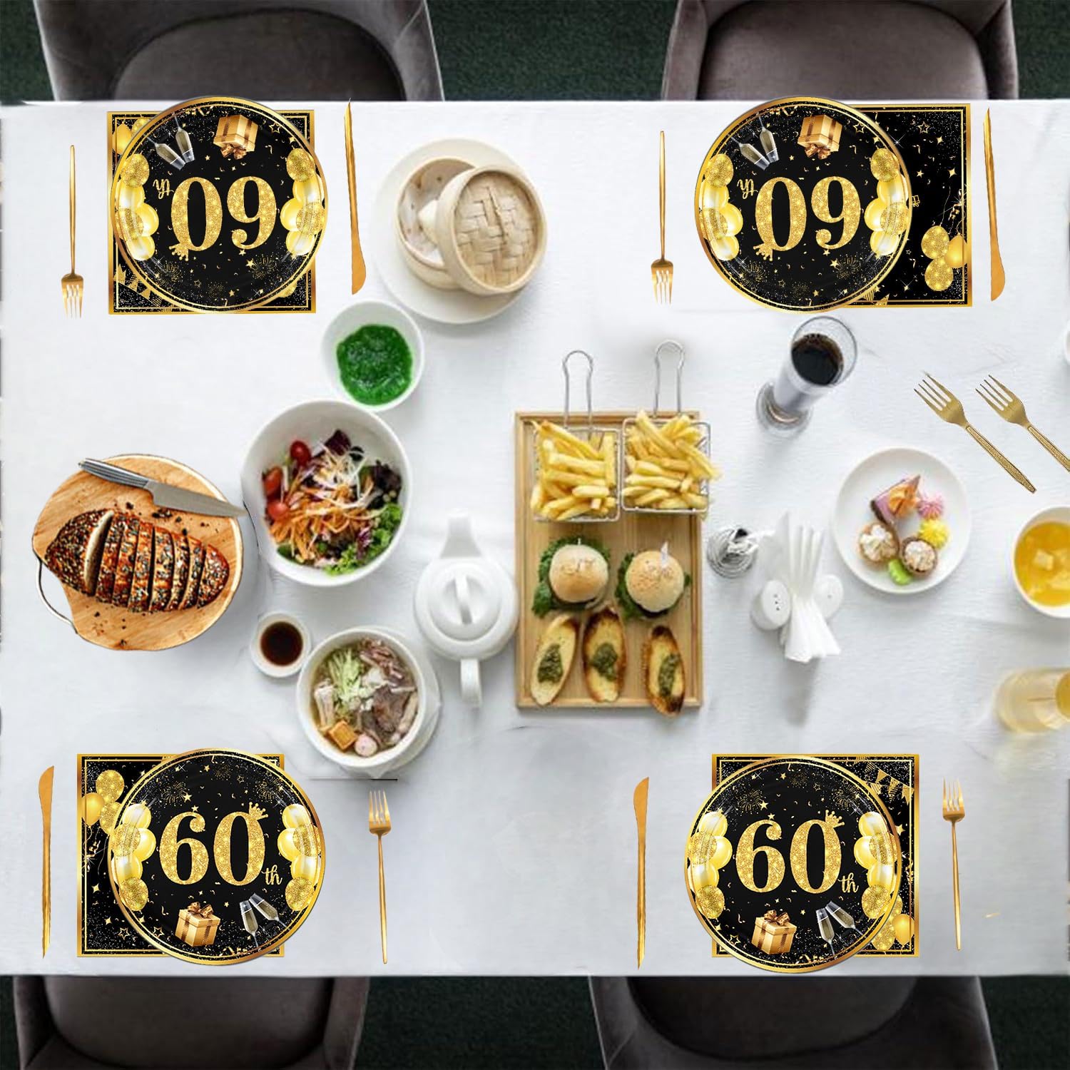 MMOONN 60th Birthday Paper Plates and Napkins,Black and Gold 60th Birthday Decorations Disposable Tableware Dessert Plates and Napkins Party Supplies for Men Women Service 16 - Image 4