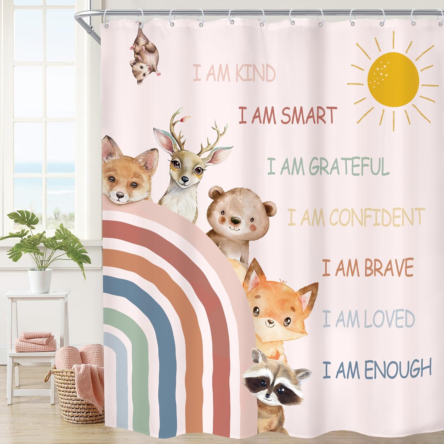 Imirell 4PCS Kids Quotes Shower Curtain Sets 72Wx72H Inches with Rugs, Toilet Lid Cover and Bath Mat, Rainbow Inspirational Bathroom Sets for Teens Waterproof Polyester 12 Pack Hooks Plastic