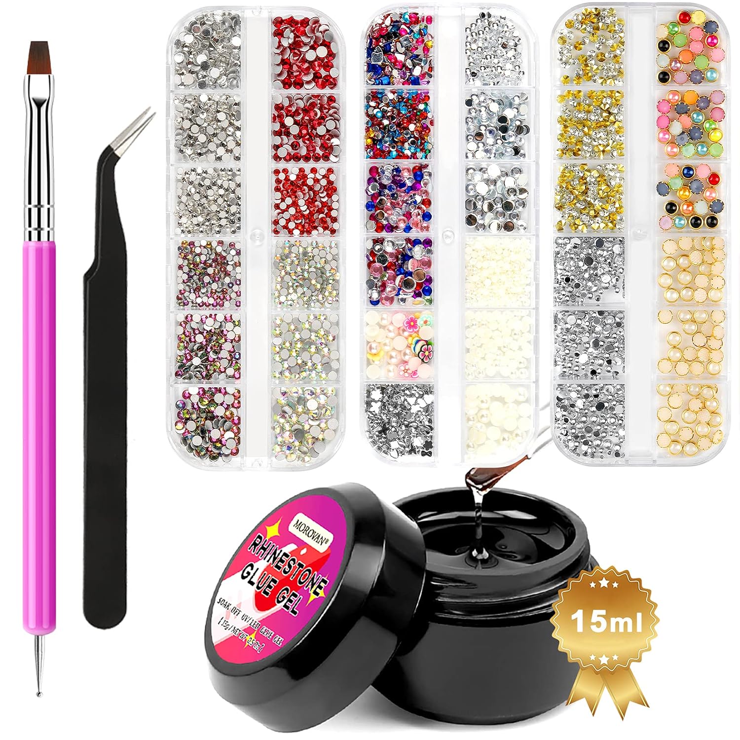 Morovan Nail Rhinestone Glue Gel Kit, 15ml Nail Glue Gems and Rhinestones No Wipe Adhesive Resin Gem Stones Nail Jewels Diamonds Gel Nail Polish with Crystals for Nails Decoration DIY Nail Art Tools