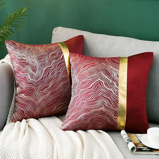 AkcentPillo Red Cushion Covers 45cm X 45cm Modern Gold Ripple Pillow Cases 2 Pack Luxury Pillows Covers for Couch Living Room Bedroom Concealed Zip