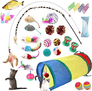 28 PCS Cat Toys,Set of Cat Toys for Indoor Cats,Variety Catnip Toys with Collapsible Rainbow Tunnel Interactive Feather Te...